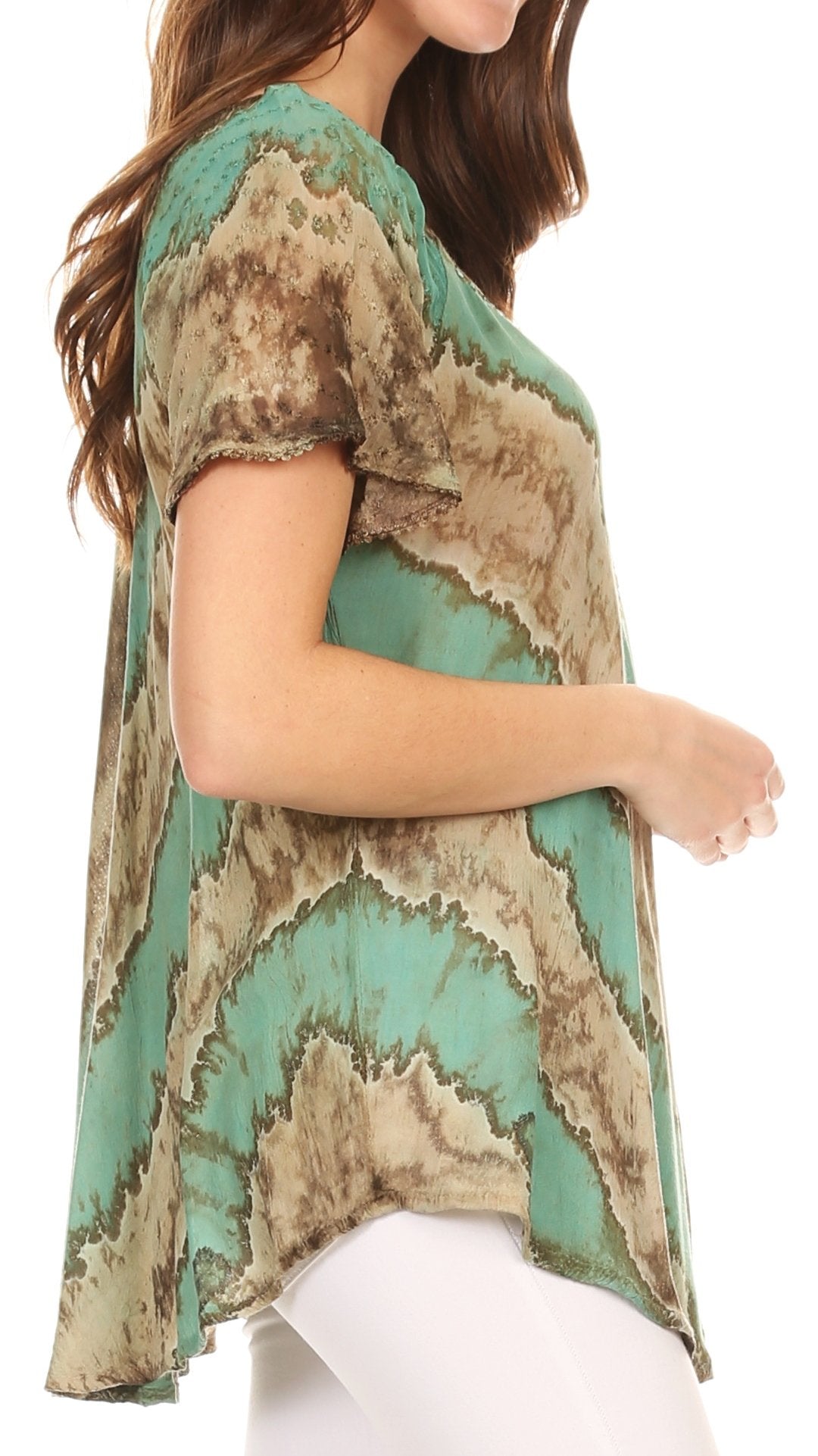 Sakkas Valencia Tie Dye Sheer Cap Sleeve Embellished Drawstring Scoop Neck Top - Concordia Style Boutique