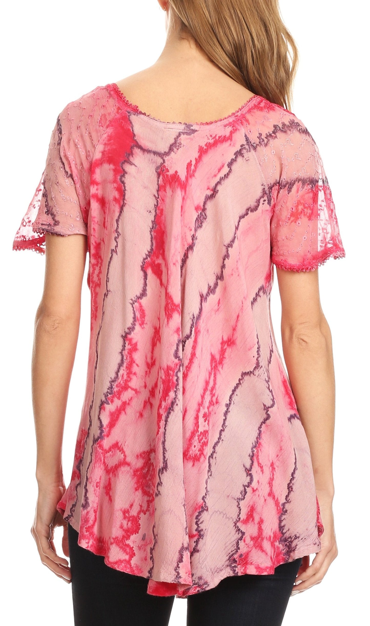 Sakkas Valencia Tie Dye Sheer Cap Sleeve Embellished Drawstring Scoop Neck Top - Concordia Style Boutique