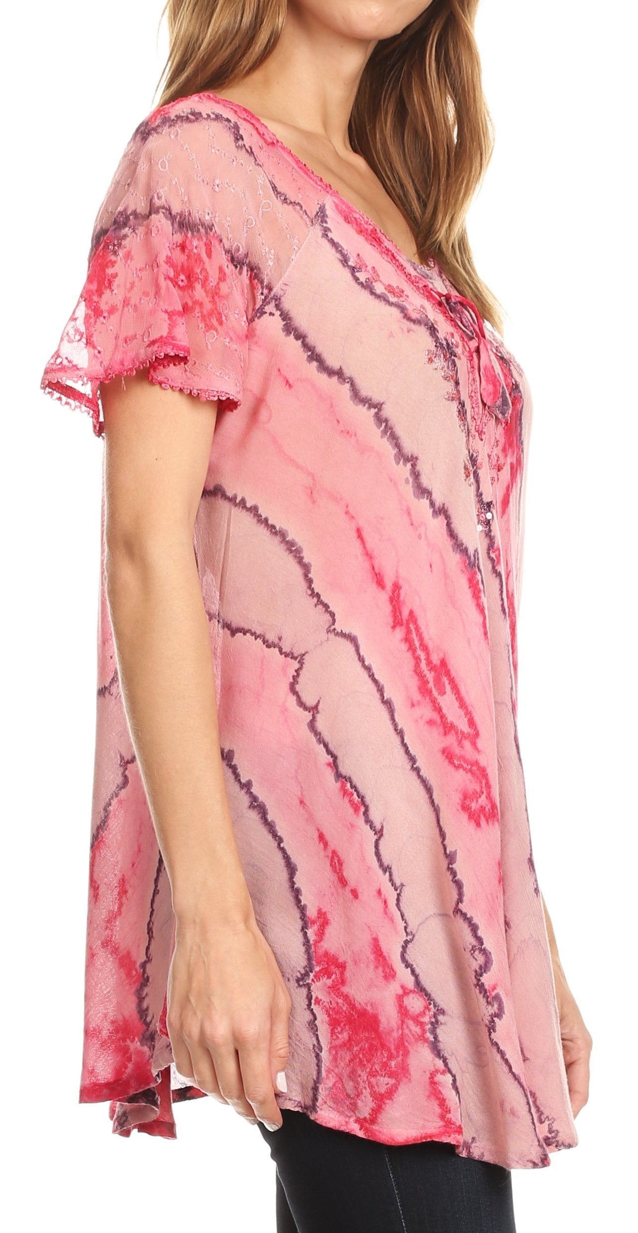 Sakkas Valencia Tie Dye Sheer Cap Sleeve Embellished Drawstring Scoop Neck Top - Concordia Style Boutique