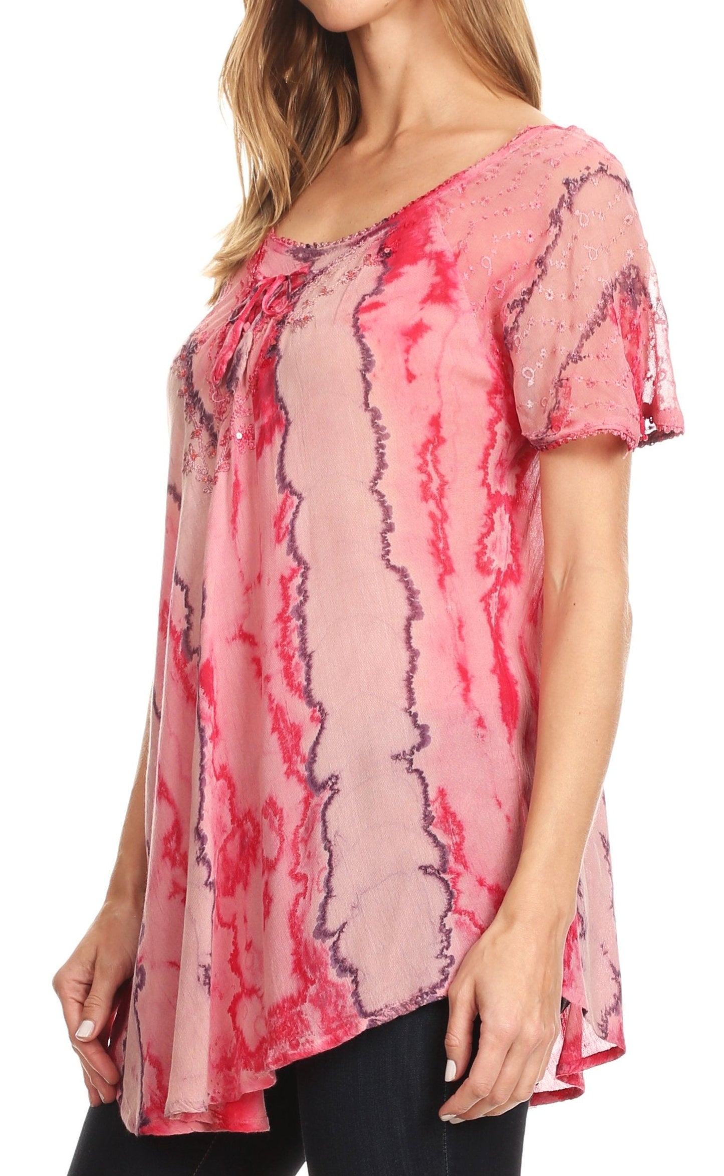 Sakkas Valencia Tie Dye Sheer Cap Sleeve Embellished Drawstring Scoop Neck Top - Concordia Style Boutique