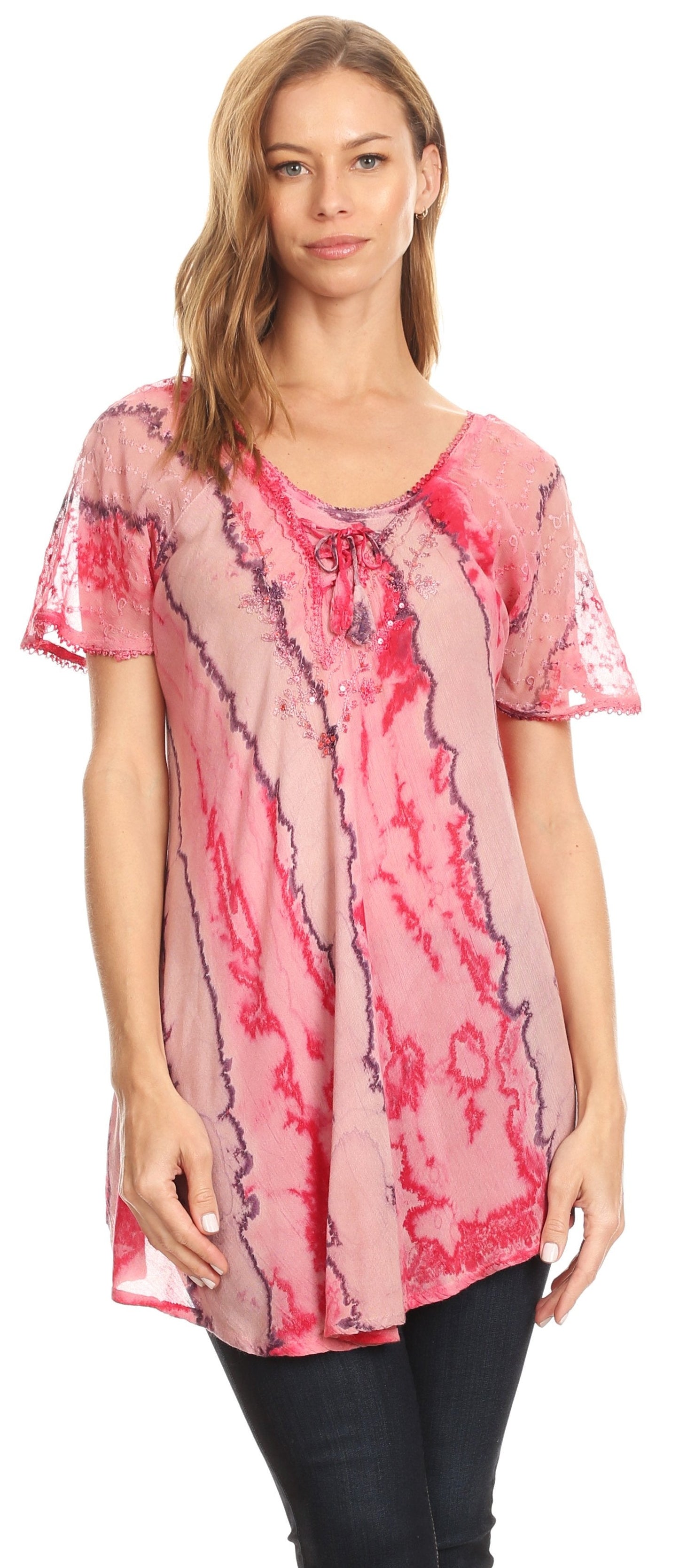 Sakkas Valencia Tie Dye Sheer Cap Sleeve Embellished Drawstring Scoop Neck Top - Concordia Style Boutique