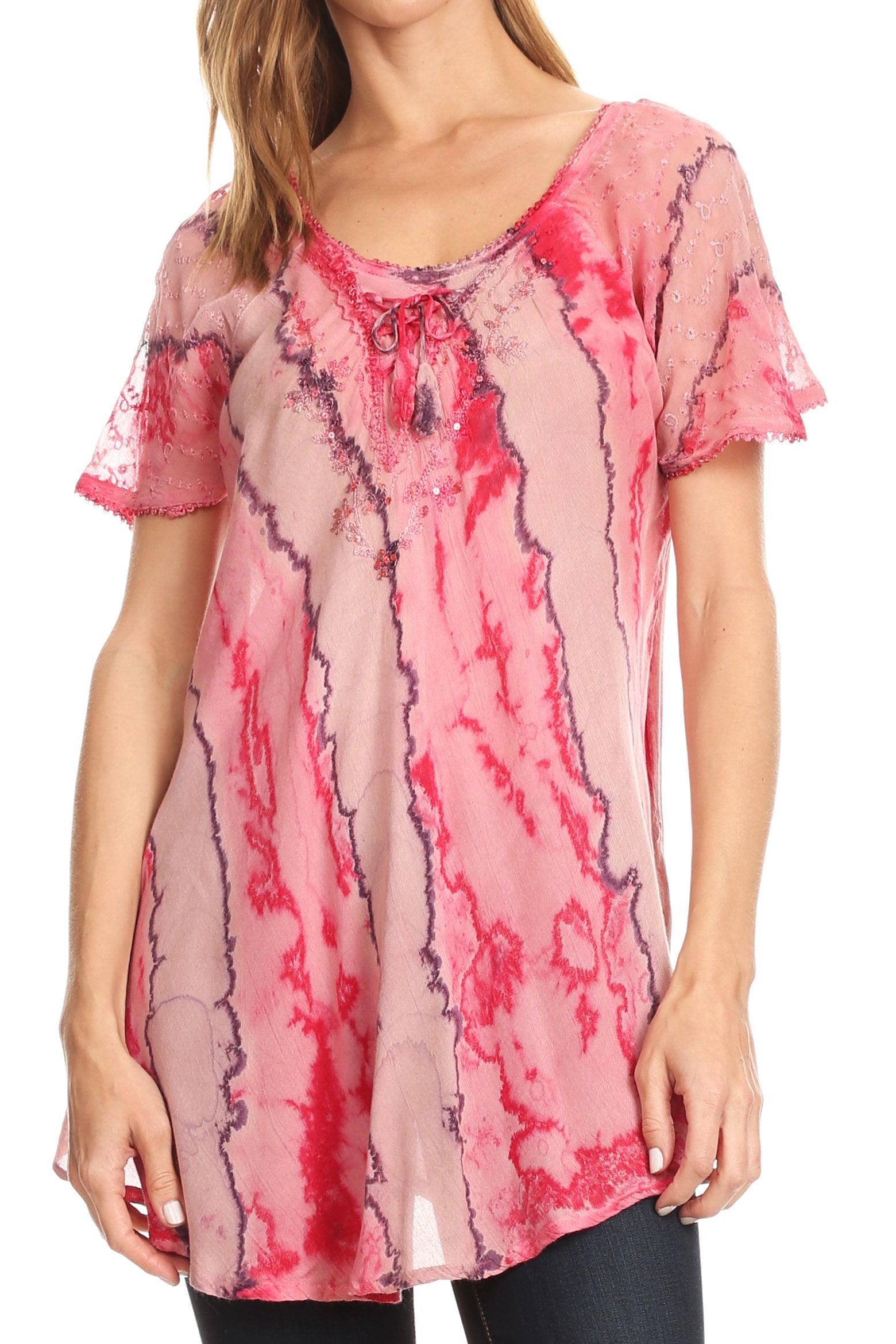 Sakkas Valencia Tie Dye Sheer Cap Sleeve Embellished Drawstring Scoop Neck Top - Concordia Style Boutique