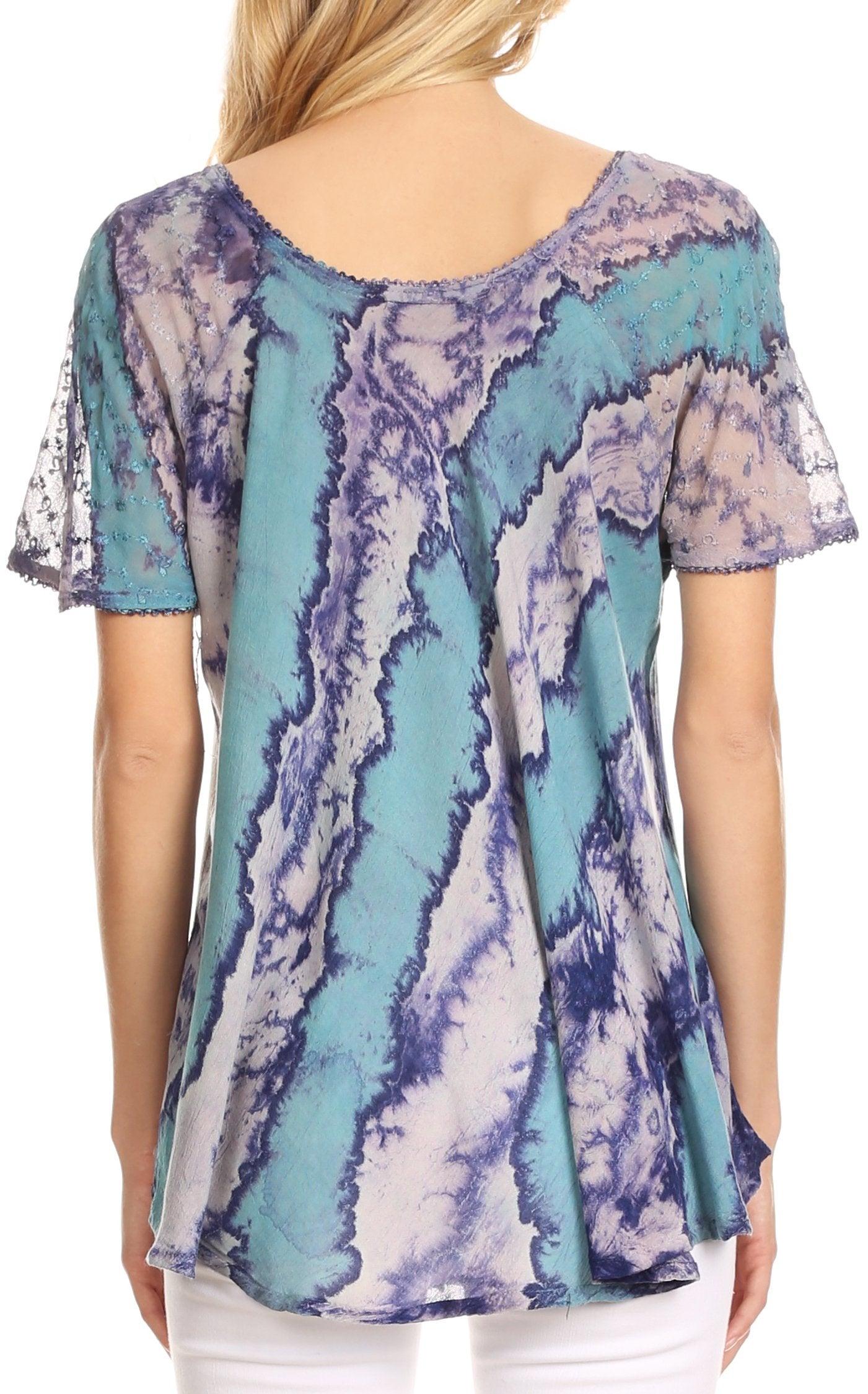 Sakkas Valencia Tie Dye Sheer Cap Sleeve Embellished Drawstring Scoop Neck Top - Concordia Style Boutique