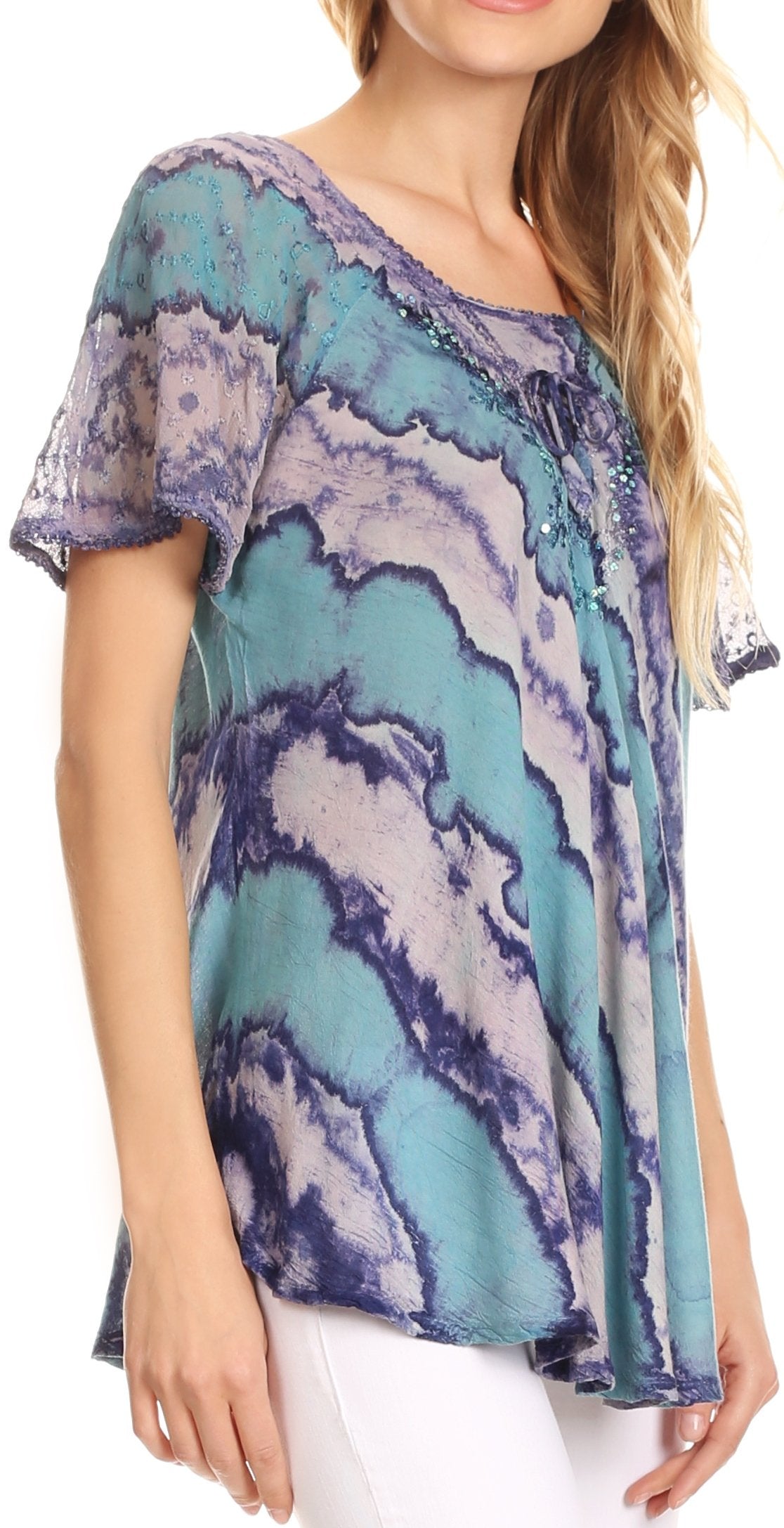 Sakkas Valencia Tie Dye Sheer Cap Sleeve Embellished Drawstring Scoop Neck Top - Concordia Style Boutique