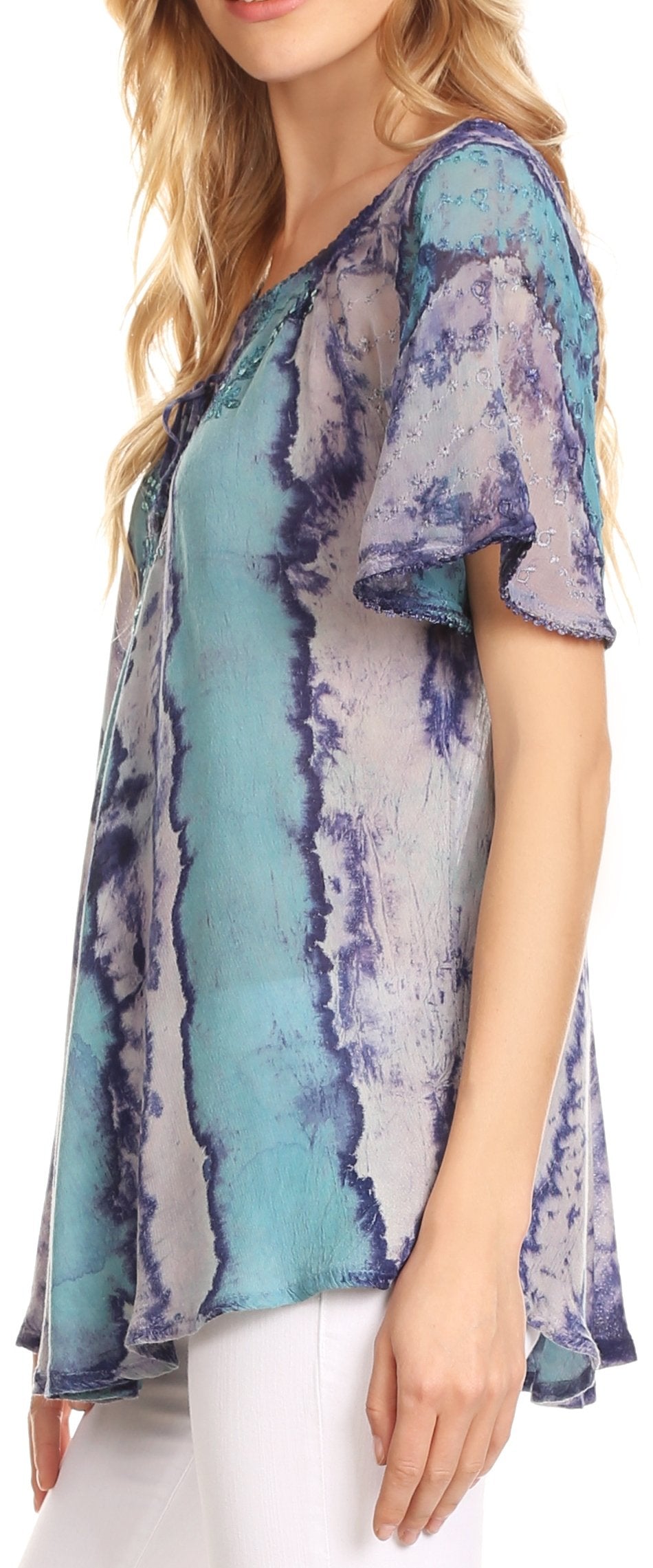 Sakkas Valencia Tie Dye Sheer Cap Sleeve Embellished Drawstring Scoop Neck Top - Concordia Style Boutique
