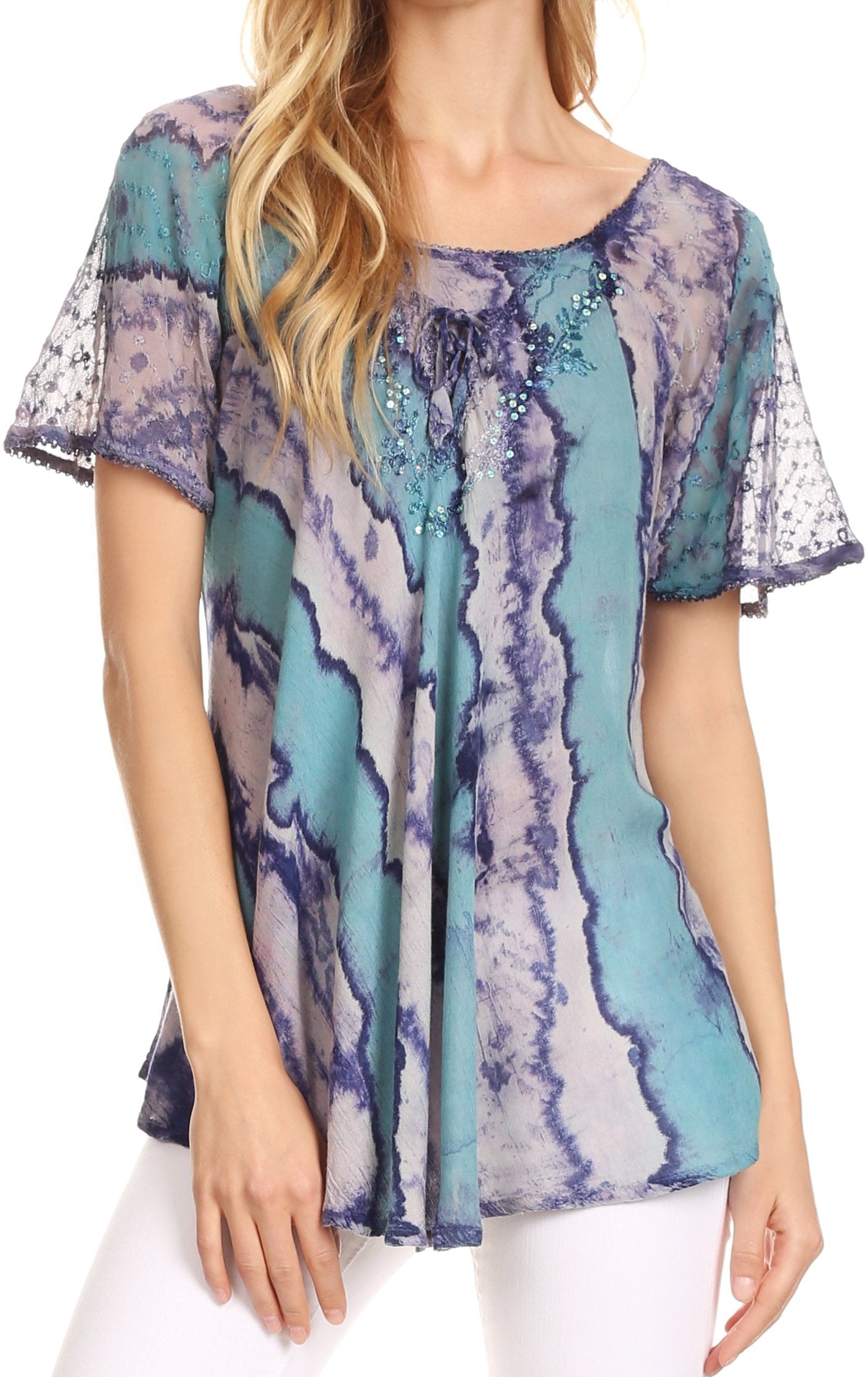 Sakkas Valencia Tie Dye Sheer Cap Sleeve Embellished Drawstring Scoop Neck Top - Concordia Style Boutique