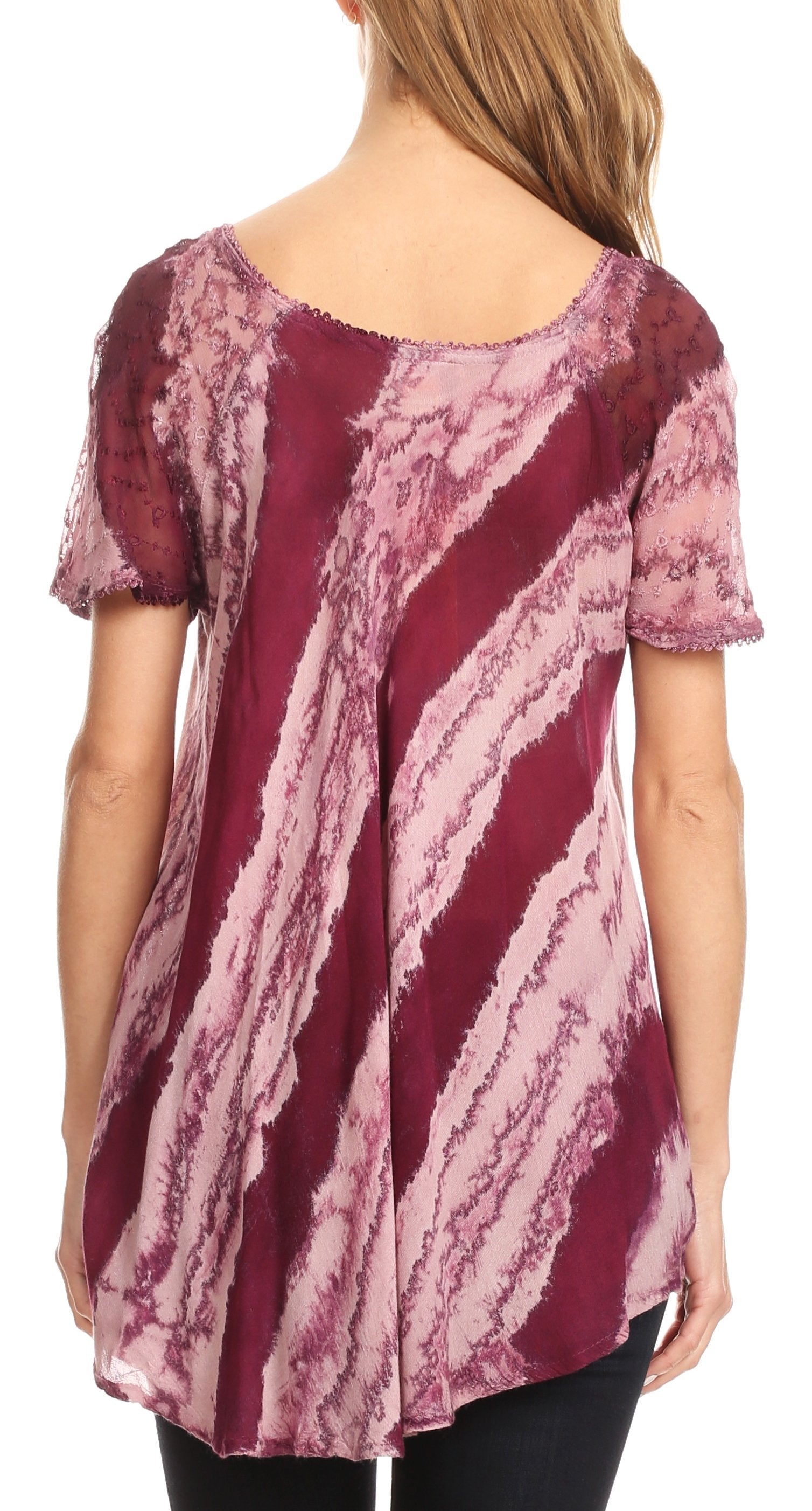 Sakkas Valencia Tie Dye Sheer Cap Sleeve Embellished Drawstring Scoop Neck Top - Concordia Style Boutique