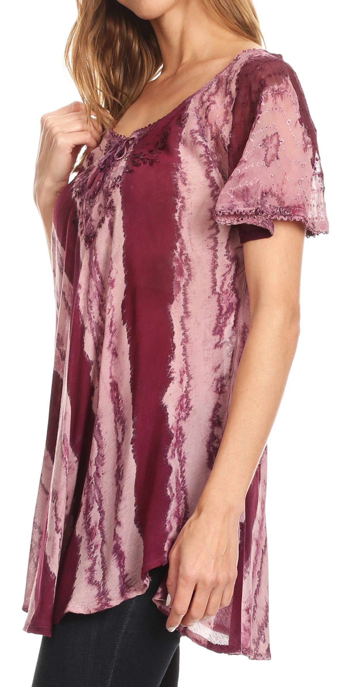 Sakkas Valencia Tie Dye Sheer Cap Sleeve Embellished Drawstring Scoop Neck Top - Concordia Style Boutique