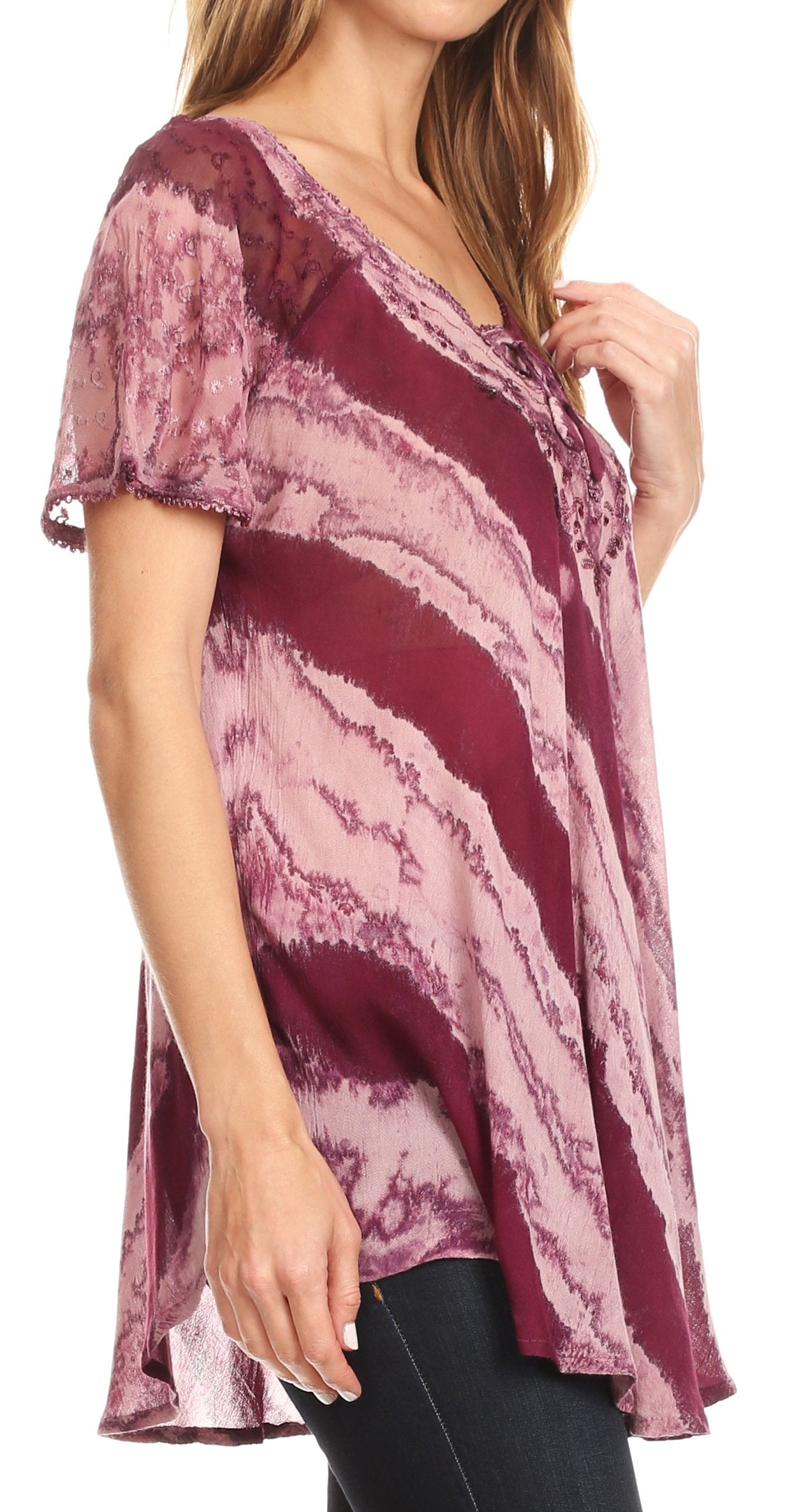 Sakkas Valencia Tie Dye Sheer Cap Sleeve Embellished Drawstring Scoop Neck Top - Concordia Style Boutique