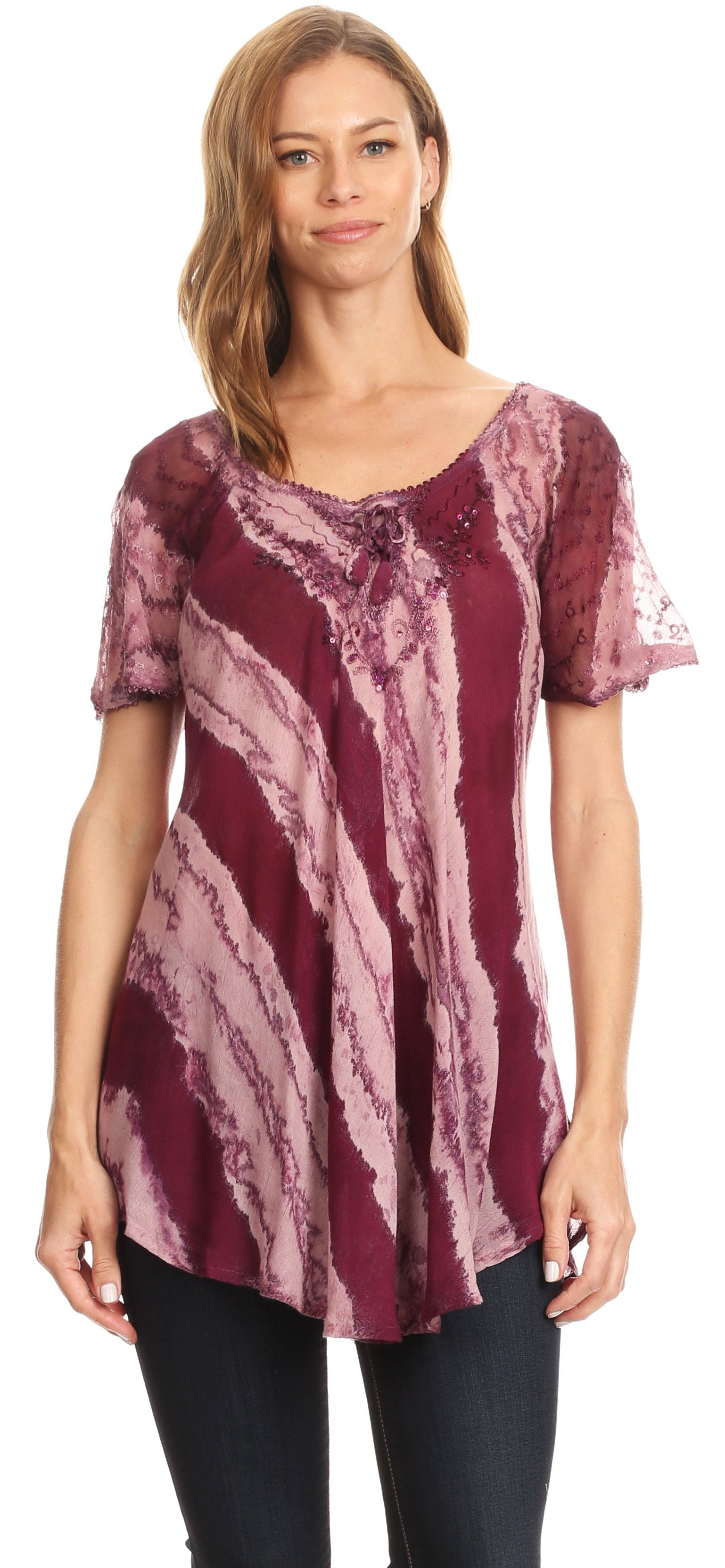 Sakkas Valencia Tie Dye Sheer Cap Sleeve Embellished Drawstring Scoop Neck Top - Concordia Style Boutique