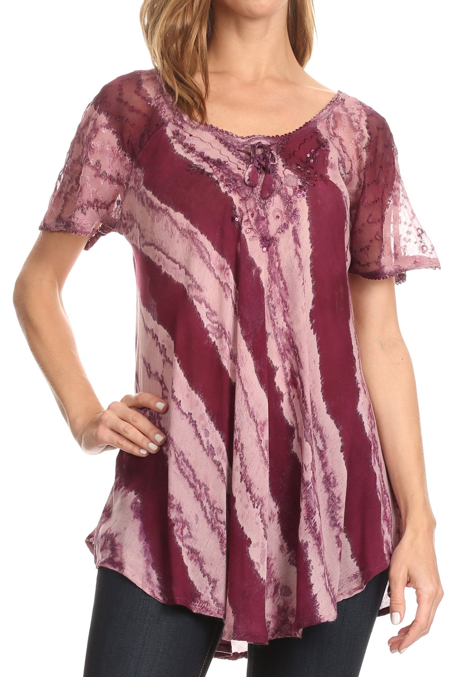 Sakkas Valencia Tie Dye Sheer Cap Sleeve Embellished Drawstring Scoop Neck Top - Concordia Style Boutique