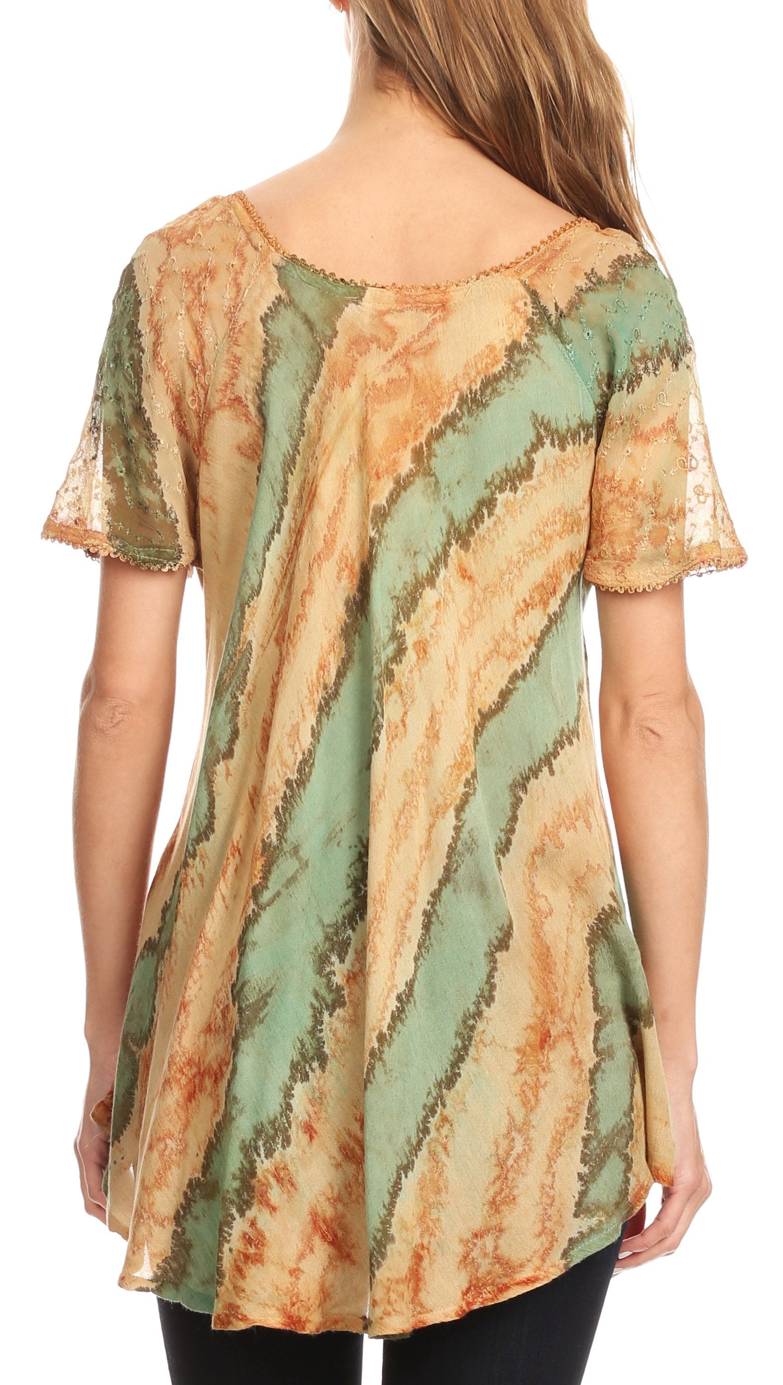 Sakkas Valencia Tie Dye Sheer Cap Sleeve Embellished Drawstring Scoop Neck Top - Concordia Style Boutique