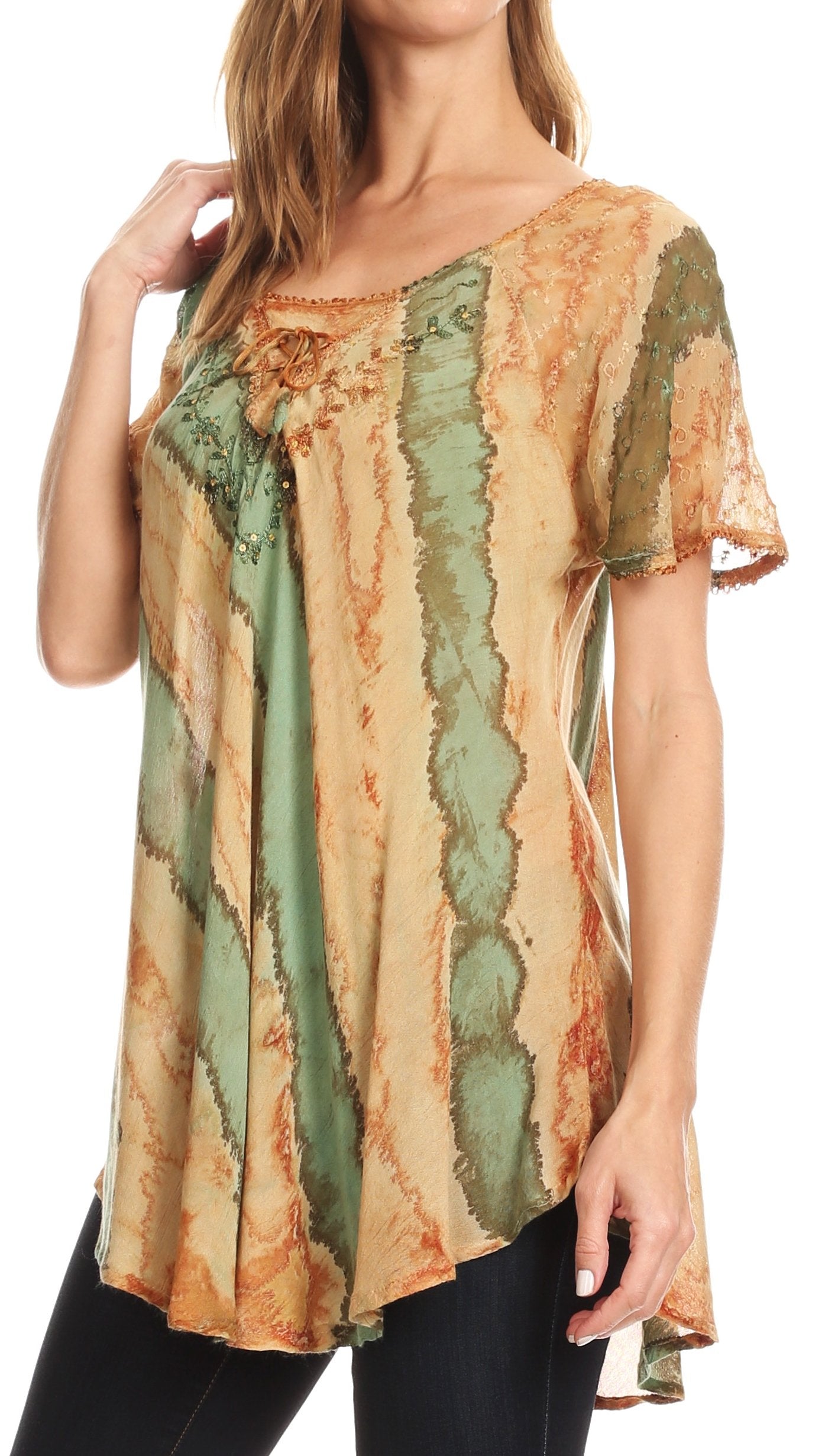 Sakkas Valencia Tie Dye Sheer Cap Sleeve Embellished Drawstring Scoop Neck Top - Concordia Style Boutique