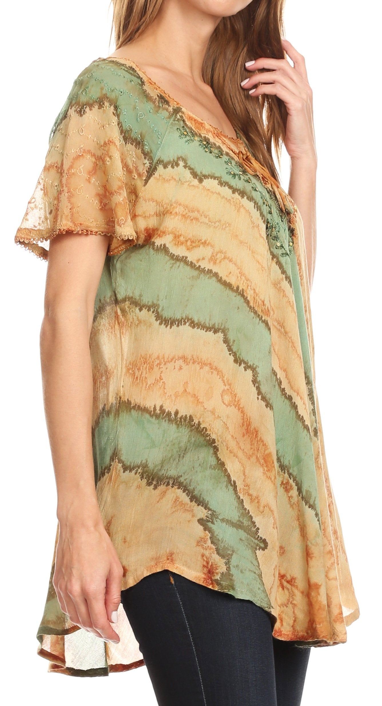 Sakkas Valencia Tie Dye Sheer Cap Sleeve Embellished Drawstring Scoop Neck Top - Concordia Style Boutique
