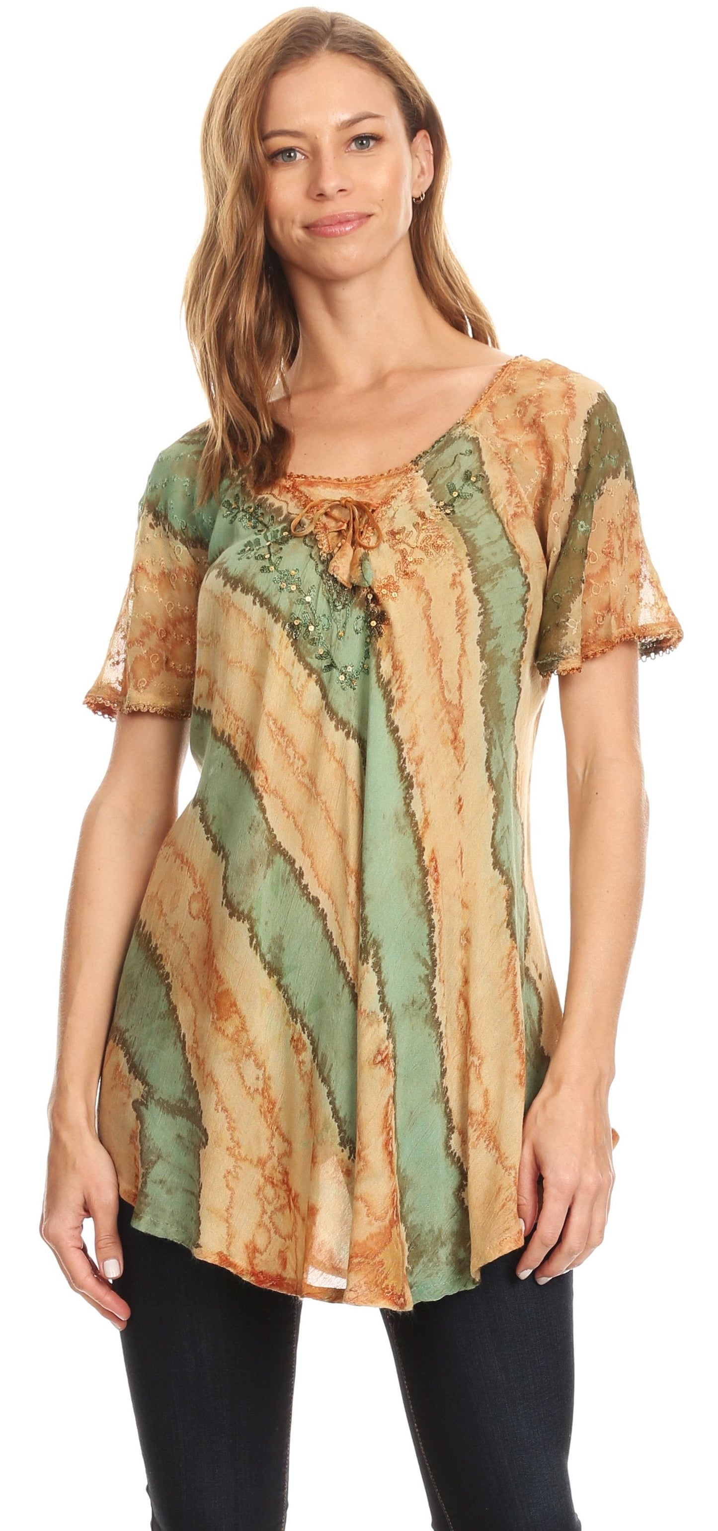 Sakkas Valencia Tie Dye Sheer Cap Sleeve Embellished Drawstring Scoop Neck Top - Concordia Style Boutique