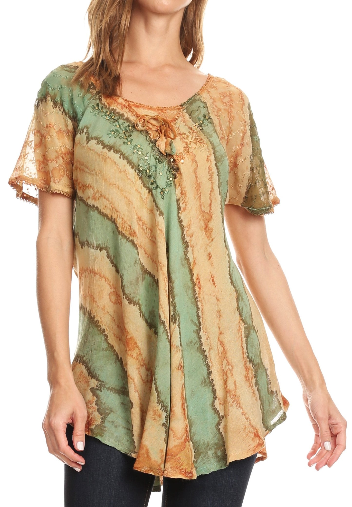 Sakkas Valencia Tie Dye Sheer Cap Sleeve Embellished Drawstring Scoop Neck Top - Concordia Style Boutique