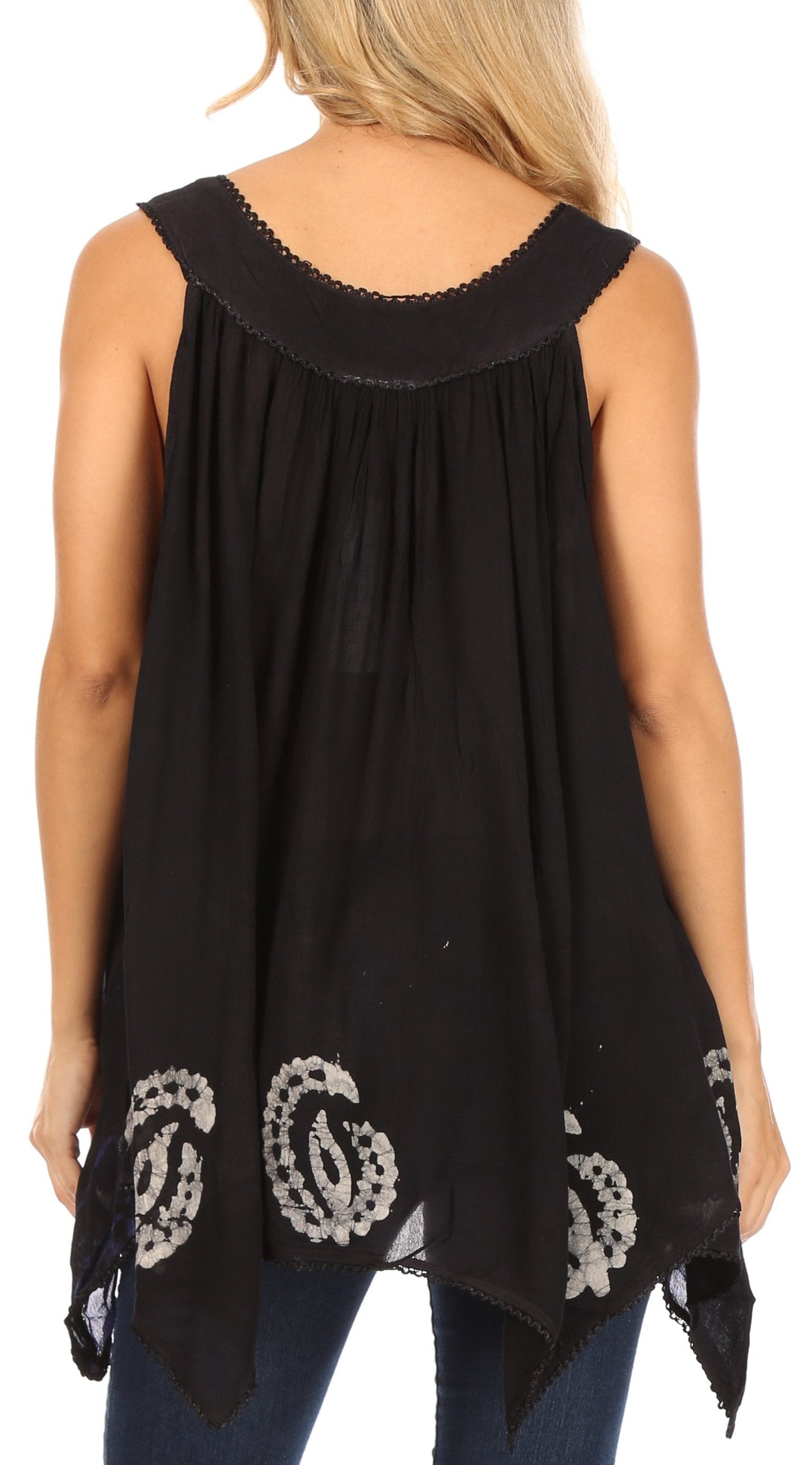Sakkas Gaia V-neck Sleeveless Tank Top with Embroidery and Handkerchief Hem - Concordia Style Boutique