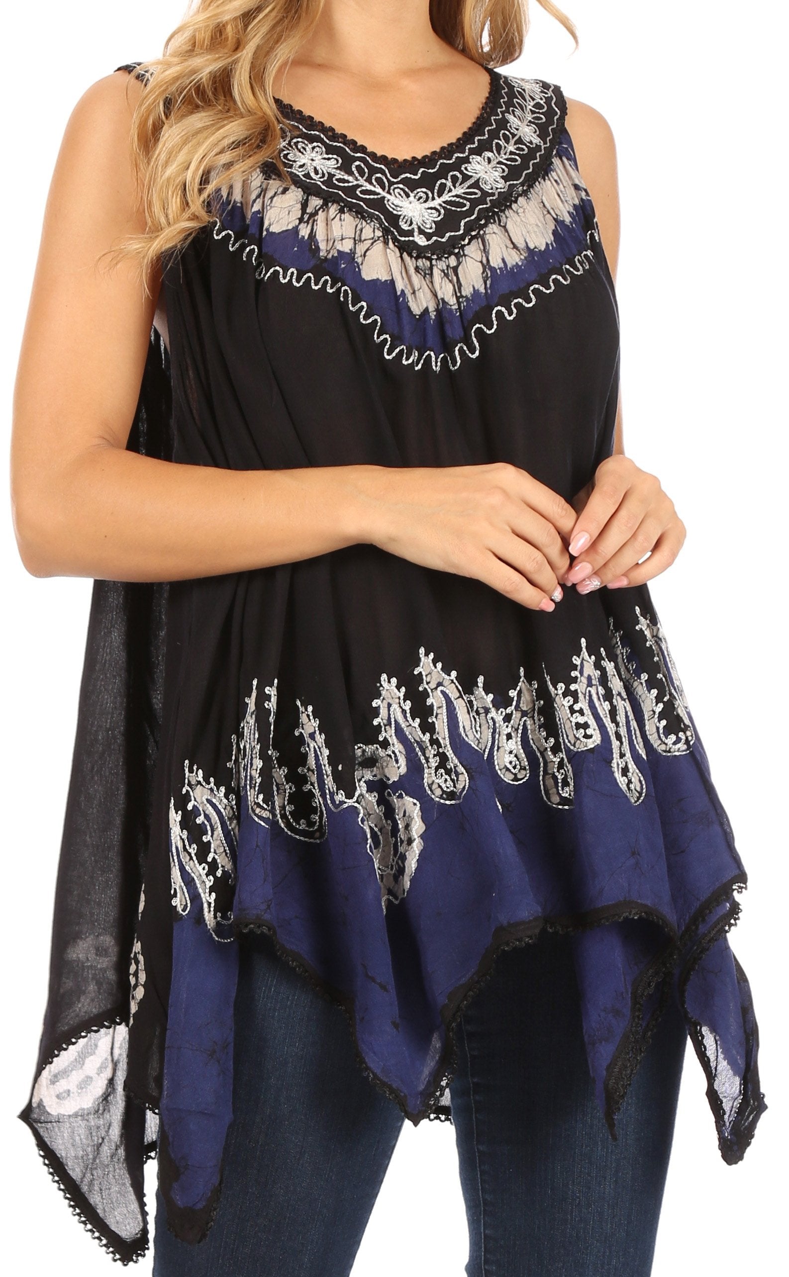 Sakkas Gaia V-neck Sleeveless Tank Top with Embroidery and Handkerchief Hem - Concordia Style Boutique