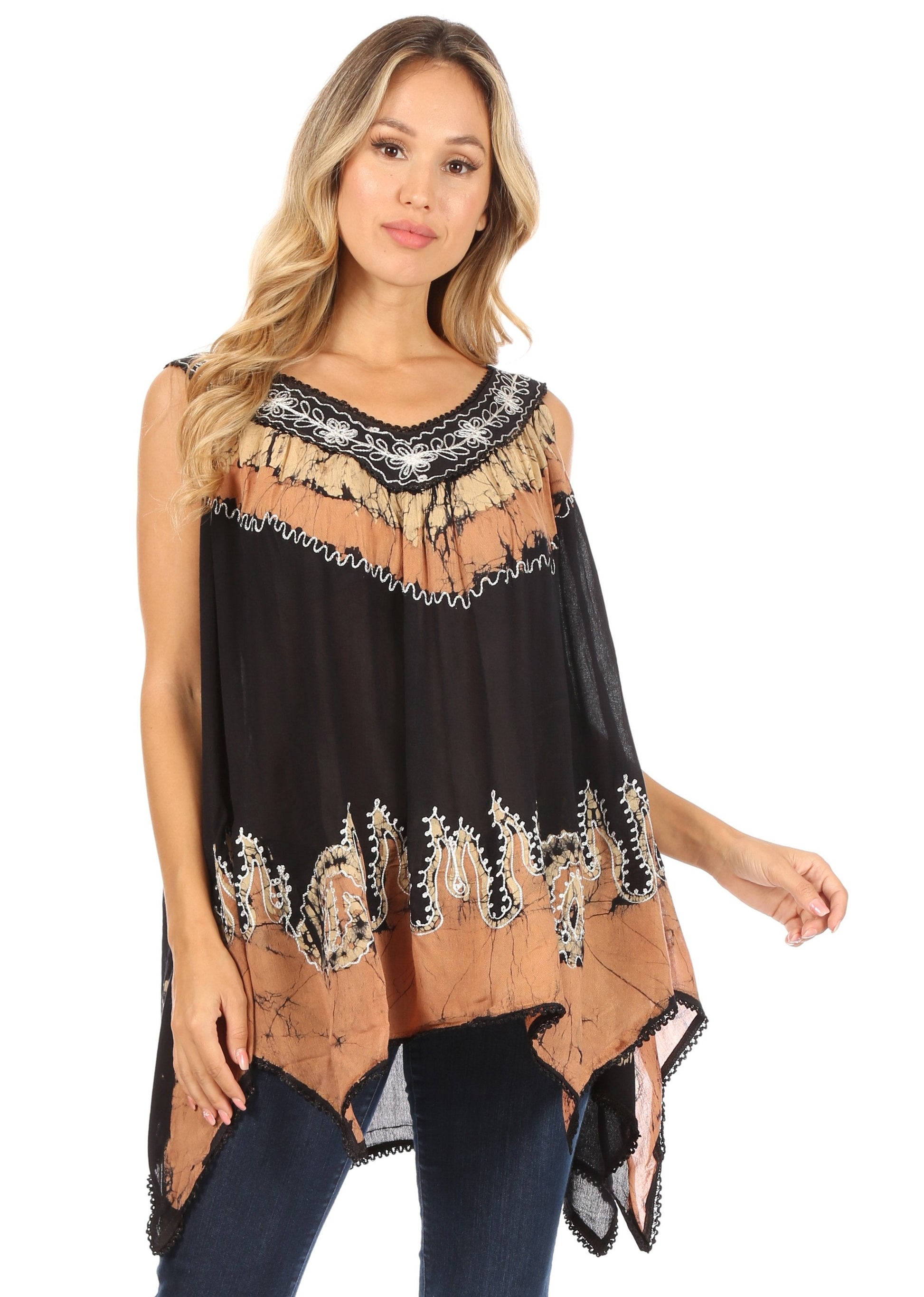 Sakkas Gaia V-neck Sleeveless Tank Top with Embroidery and Handkerchief Hem - Concordia Style Boutique