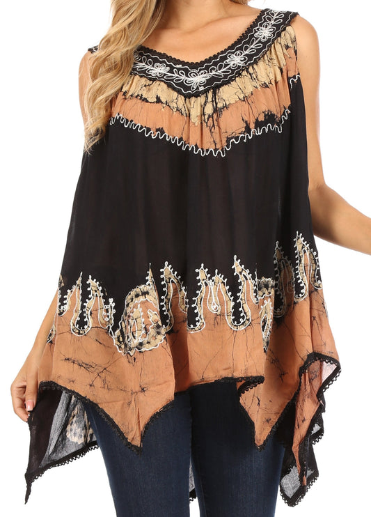 Sakkas Gaia V-neck Sleeveless Tank Top with Embroidery and Handkerchief Hem - Concordia Style Boutique