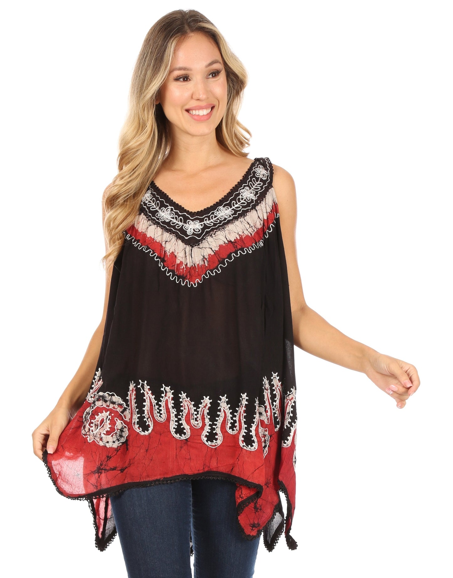 Sakkas Gaia V-neck Sleeveless Tank Top with Embroidery and Handkerchief Hem - Concordia Style Boutique