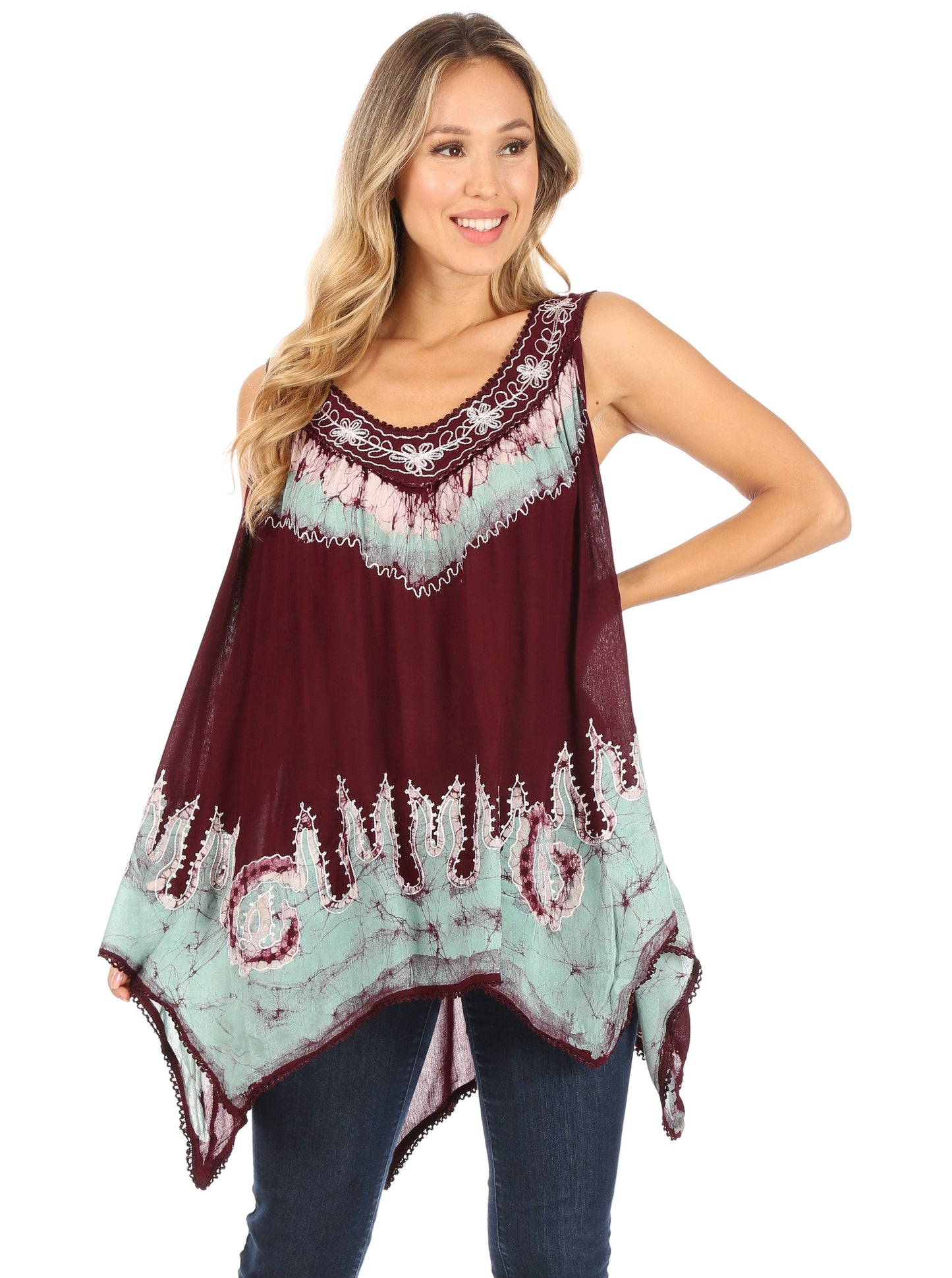 Sakkas Gaia V-neck Sleeveless Tank Top with Embroidery and Handkerchief Hem - Concordia Style Boutique
