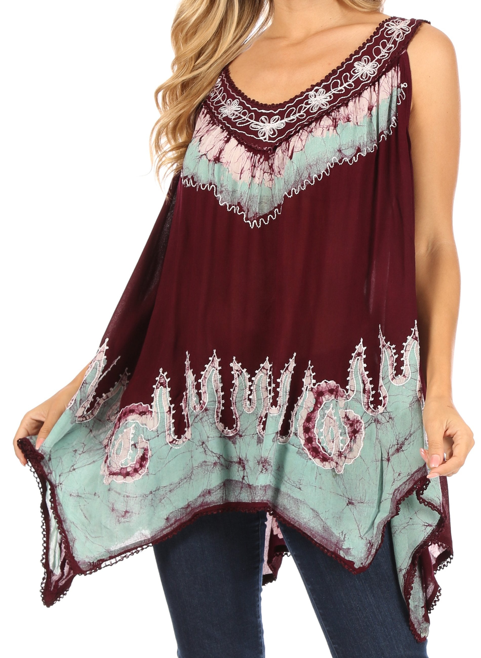 Sakkas Gaia V-neck Sleeveless Tank Top with Embroidery and Handkerchief Hem - Concordia Style Boutique
