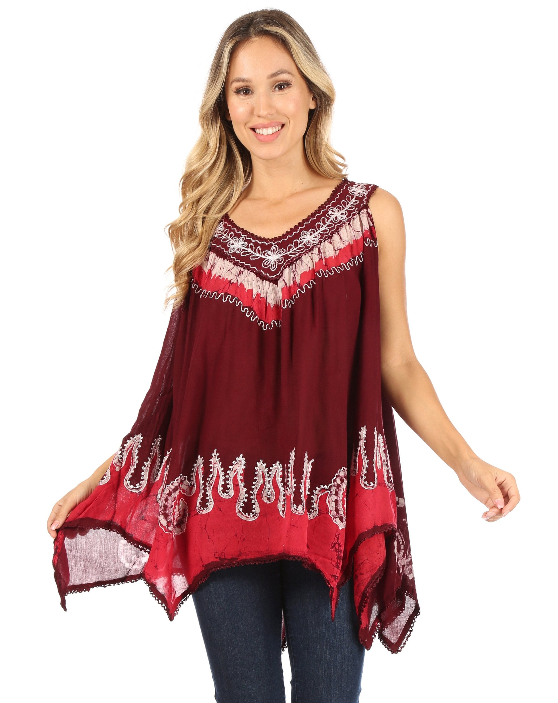 Sakkas Gaia V-neck Sleeveless Tank Top with Embroidery and Handkerchief Hem - Concordia Style Boutique