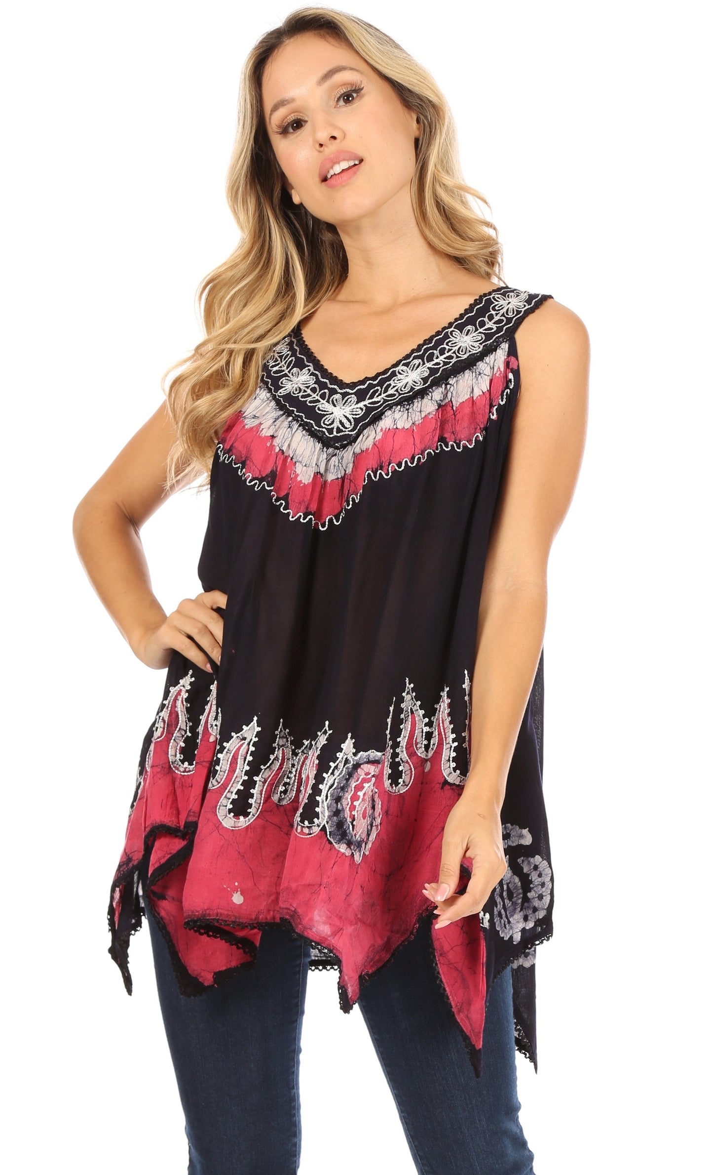 Sakkas Gaia V-neck Sleeveless Tank Top with Embroidery and Handkerchief Hem - Concordia Style Boutique
