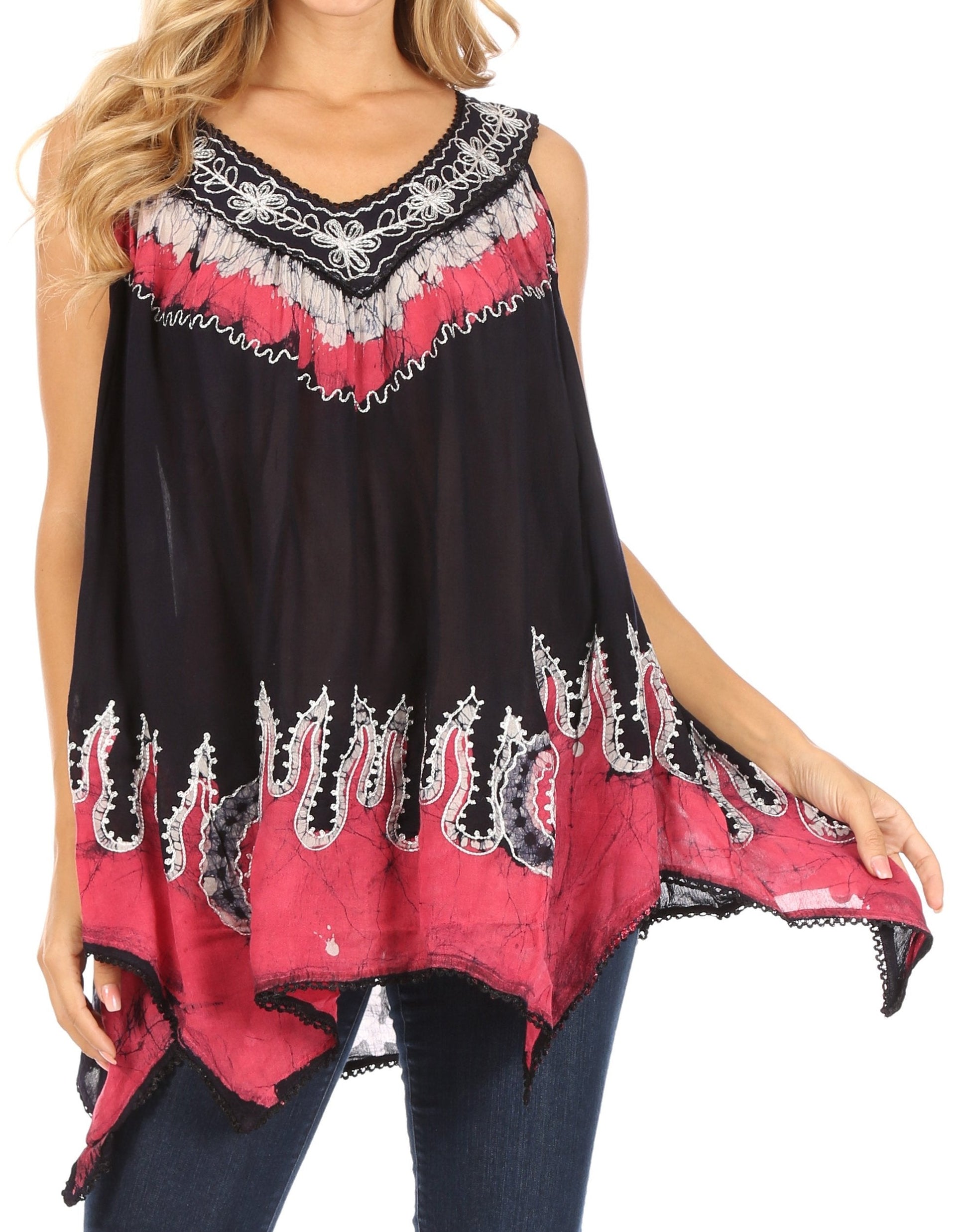 Sakkas Gaia V-neck Sleeveless Tank Top with Embroidery and Handkerchief Hem - Concordia Style Boutique