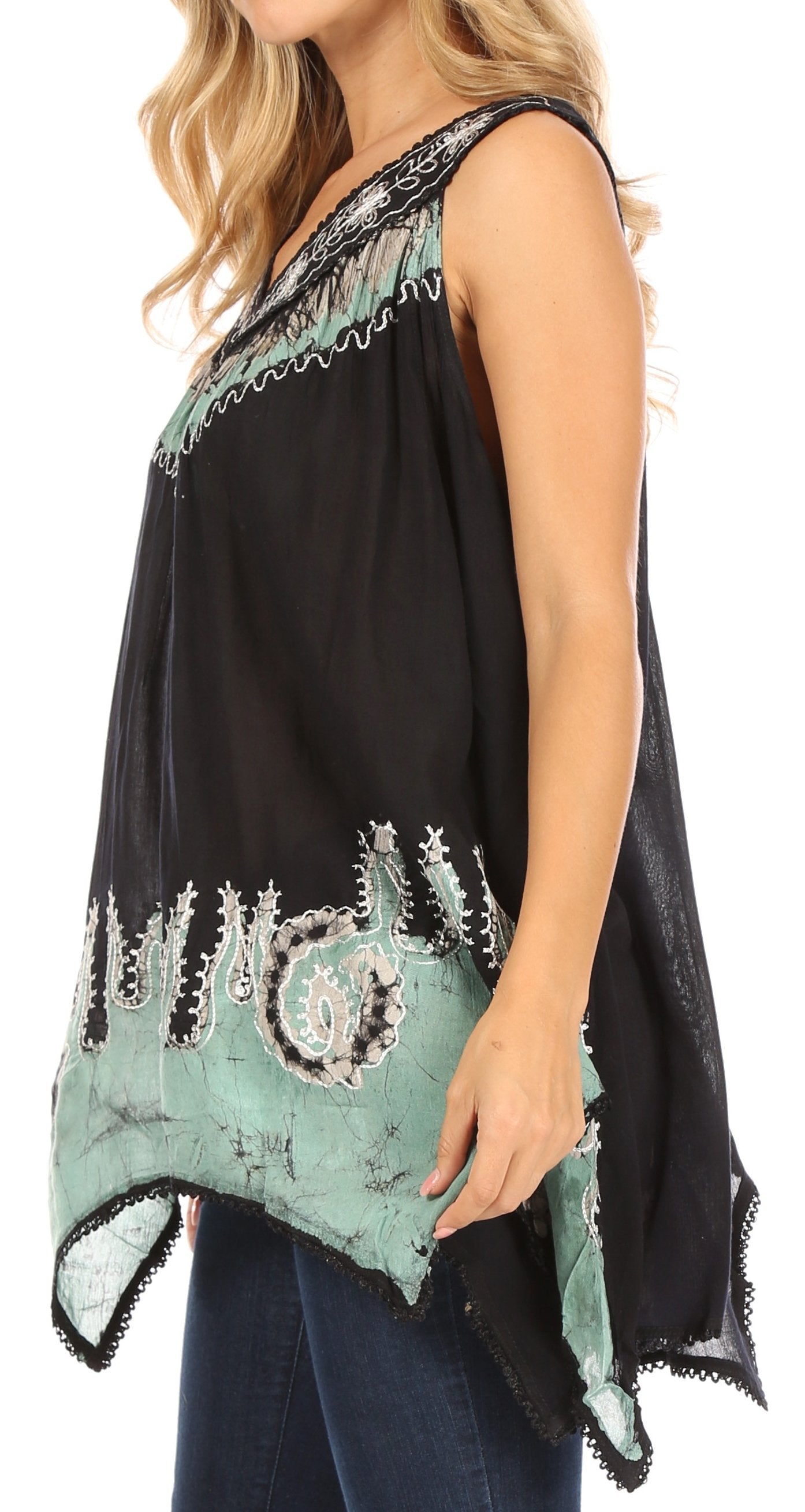 Sakkas Gaia V-neck Sleeveless Tank Top with Embroidery and Handkerchief Hem - Concordia Style Boutique