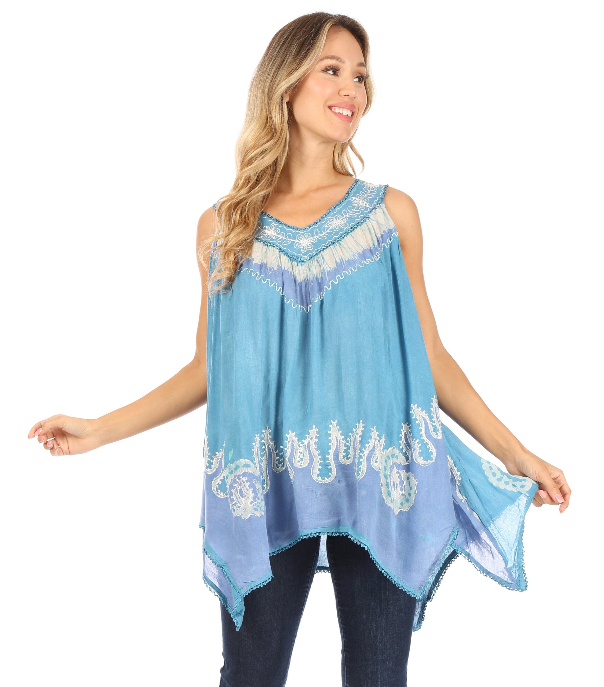 Sakkas Gaia V-neck Sleeveless Tank Top with Embroidery and Handkerchief Hem - Concordia Style Boutique