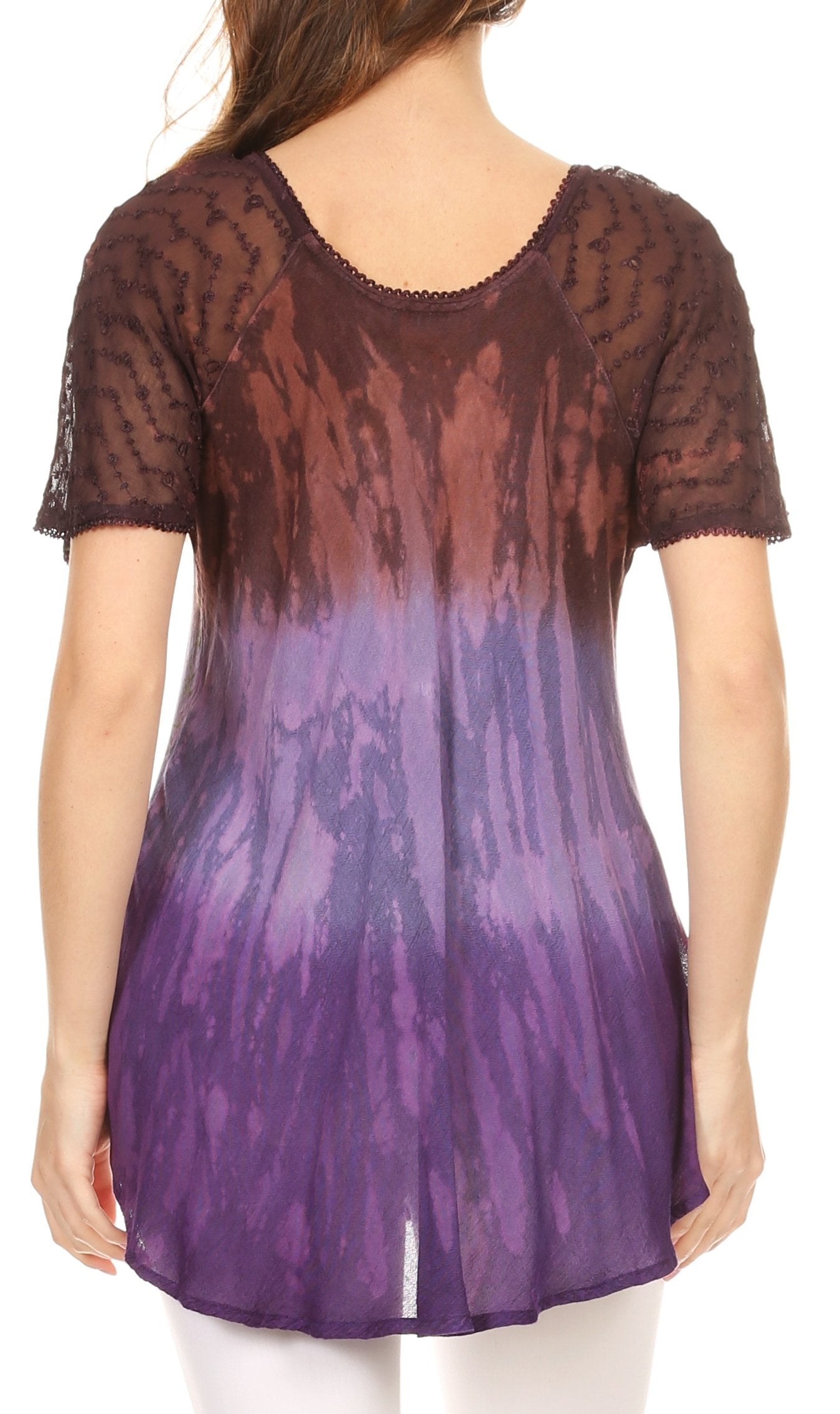 Sakkas Nayen Tie-Dye Sheer Cap Sleeve Embellished Relaxed Fit Drawstring Tunic Top - Concordia Style Boutique
