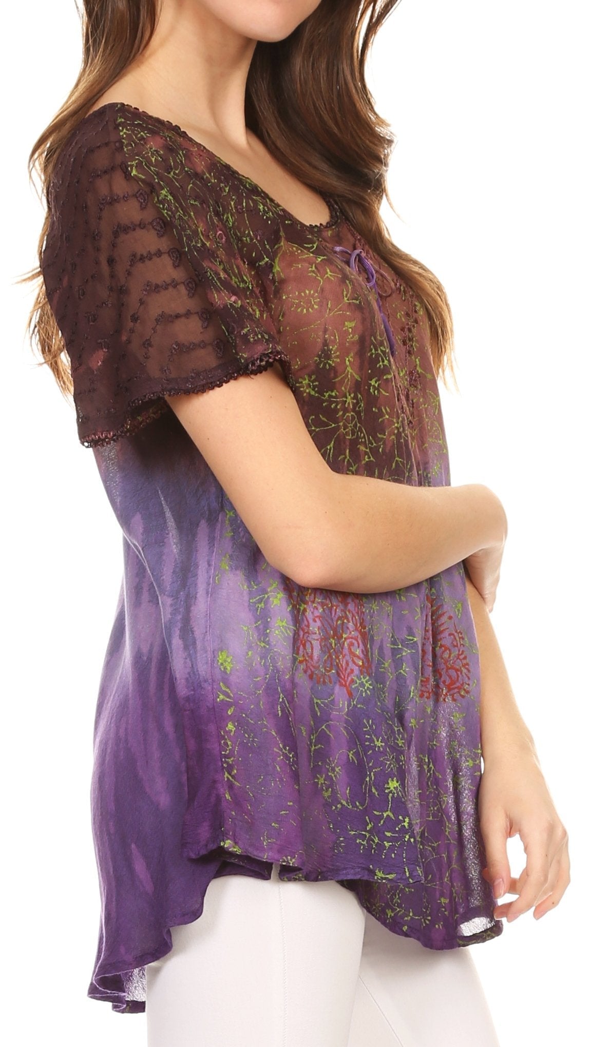 Sakkas Nayen Tie-Dye Sheer Cap Sleeve Embellished Relaxed Fit Drawstring Tunic Top - Concordia Style Boutique