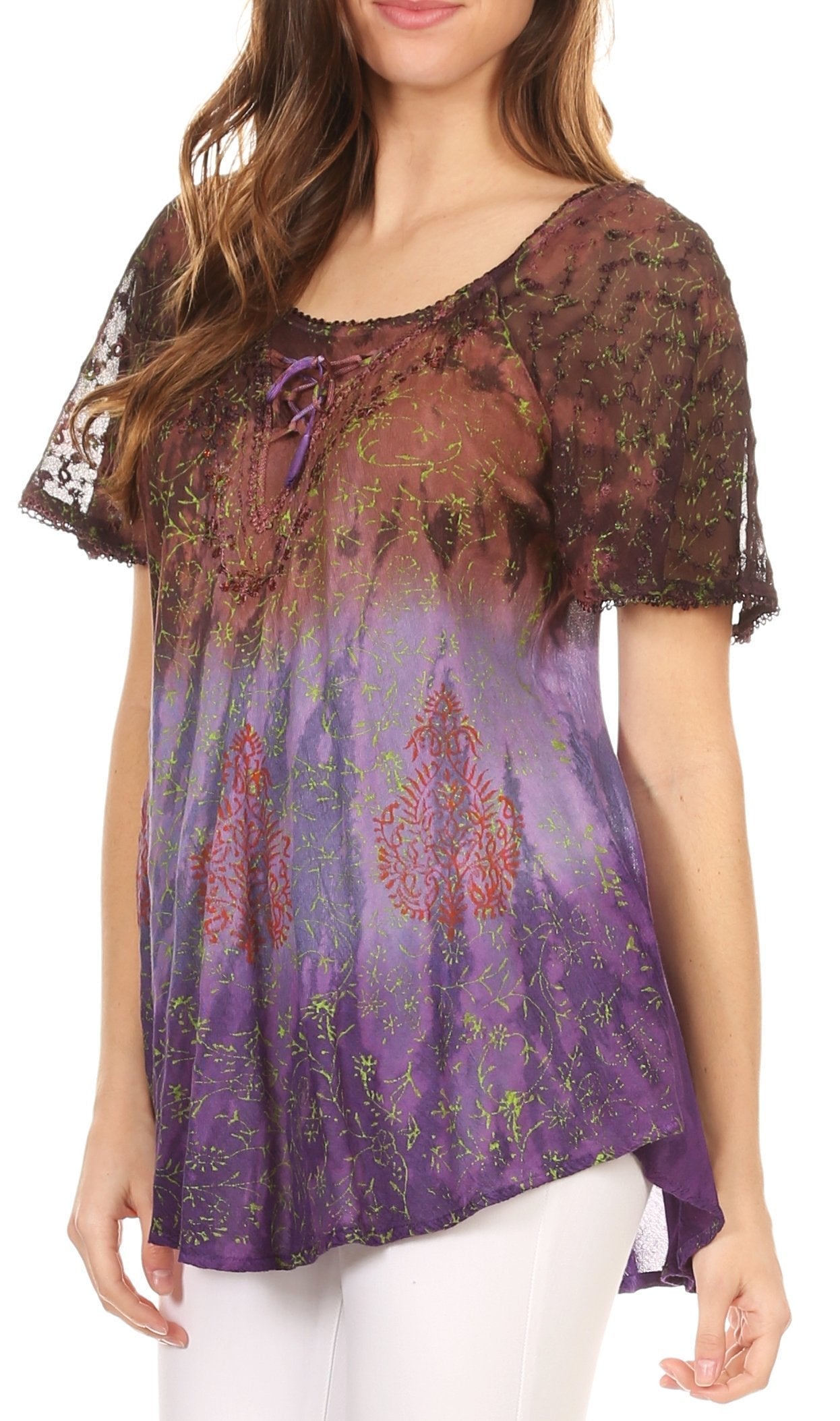 Sakkas Nayen Tie-Dye Sheer Cap Sleeve Embellished Relaxed Fit Drawstring Tunic Top - Concordia Style Boutique