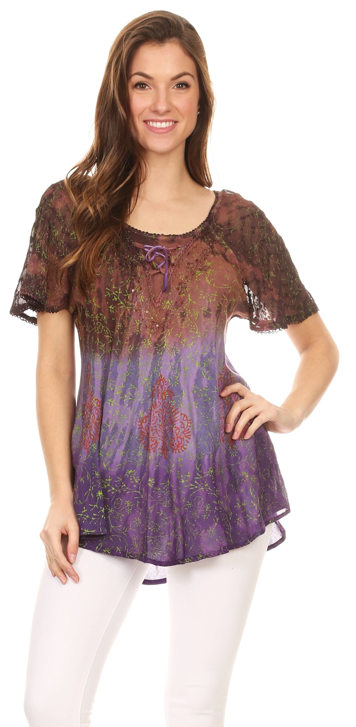 Sakkas Nayen Tie-Dye Sheer Cap Sleeve Embellished Relaxed Fit Drawstring Tunic Top - Concordia Style Boutique