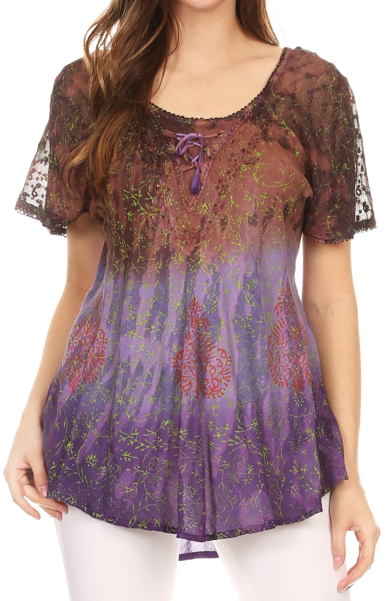 Sakkas Nayen Tie-Dye Sheer Cap Sleeve Embellished Relaxed Fit Drawstring Tunic Top - Concordia Style Boutique