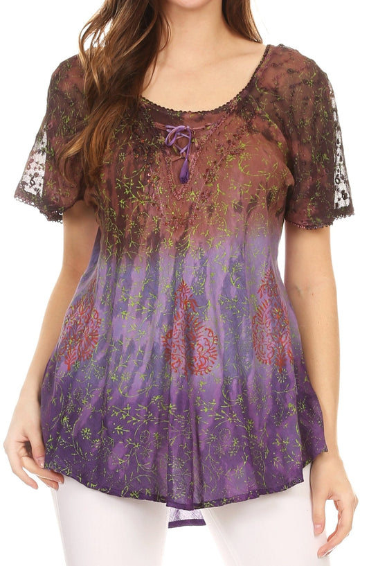 Sakkas Nayen Tie-Dye Sheer Cap Sleeve Embellished Relaxed Fit Drawstring Tunic Top - Concordia Style Boutique