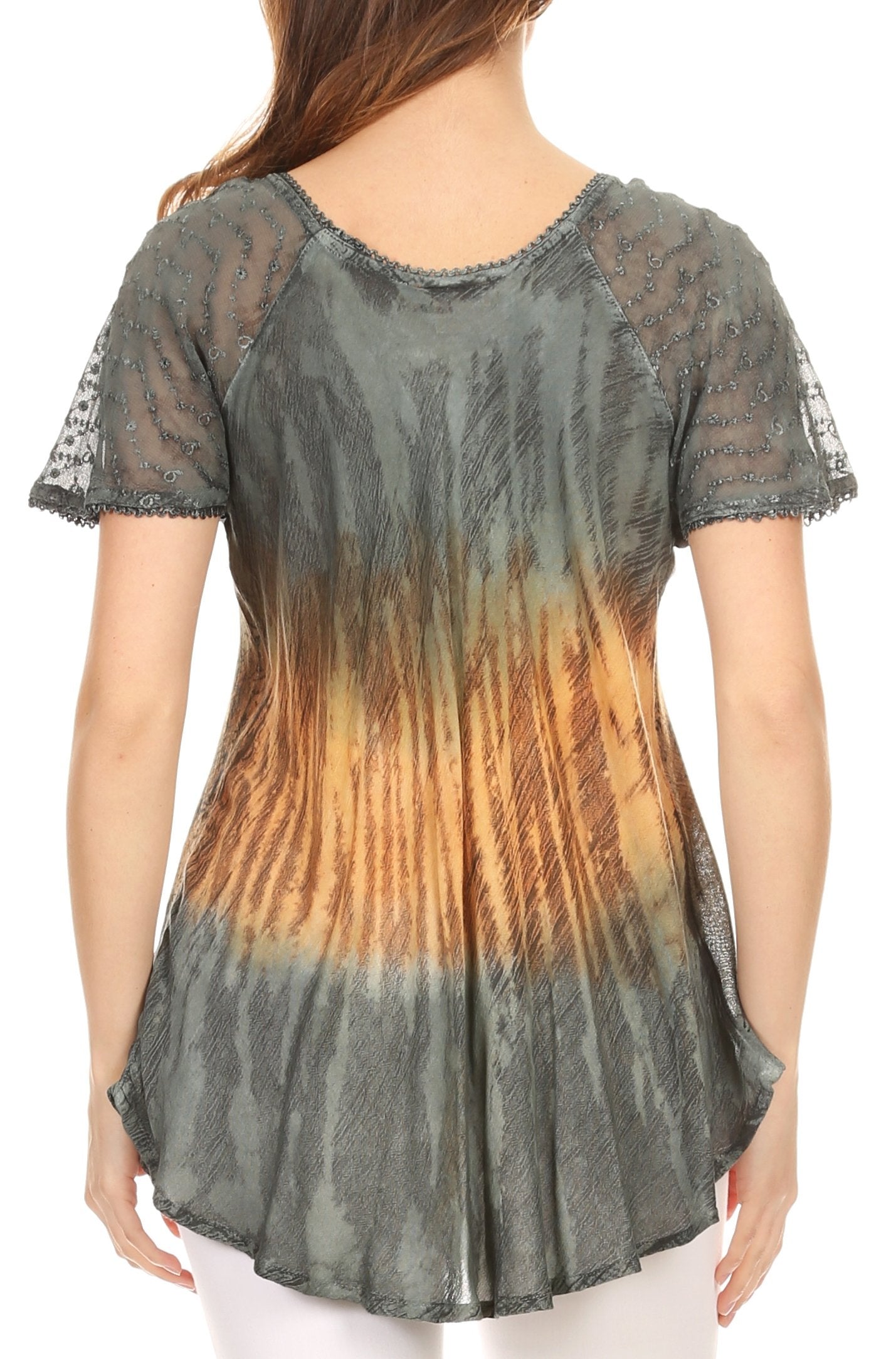 Sakkas Nayen Tie-Dye Sheer Cap Sleeve Embellished Relaxed Fit Drawstring Tunic Top - Concordia Style Boutique