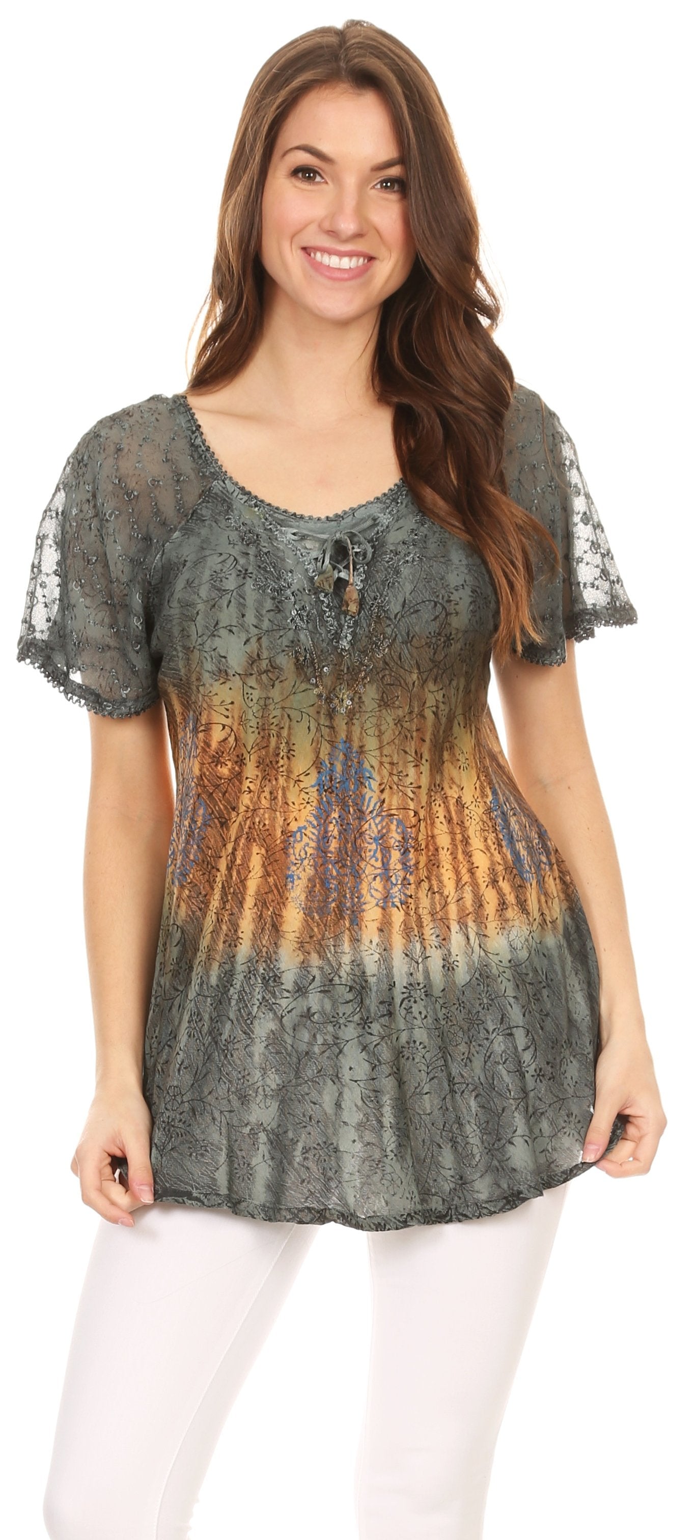 Sakkas Nayen Tie-Dye Sheer Cap Sleeve Embellished Relaxed Fit Drawstring Tunic Top - Concordia Style Boutique