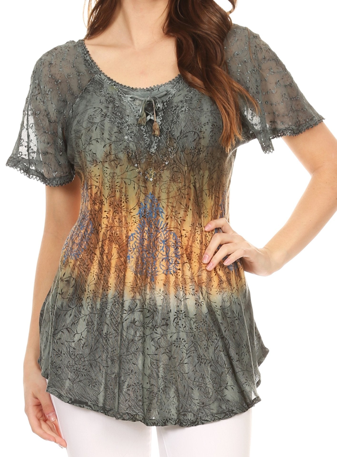 Sakkas Nayen Tie-Dye Sheer Cap Sleeve Embellished Relaxed Fit Drawstring Tunic Top - Concordia Style Boutique