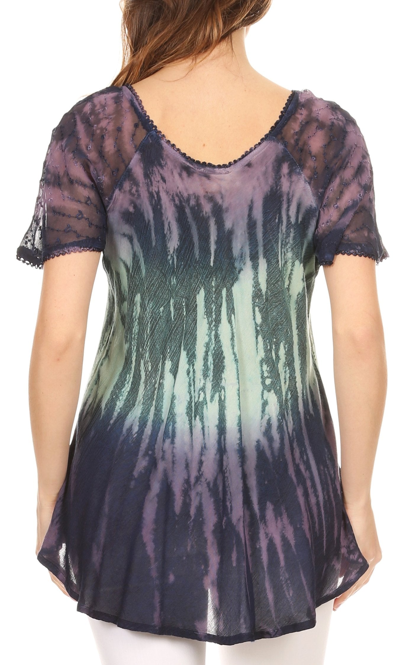 Sakkas Nayen Tie-Dye Sheer Cap Sleeve Embellished Relaxed Fit Drawstring Tunic Top - Concordia Style Boutique