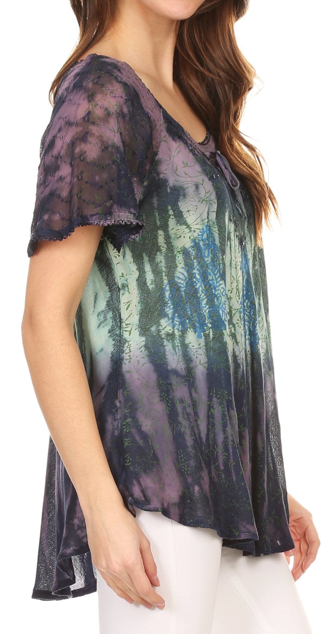 Sakkas Nayen Tie-Dye Sheer Cap Sleeve Embellished Relaxed Fit Drawstring Tunic Top - Concordia Style Boutique