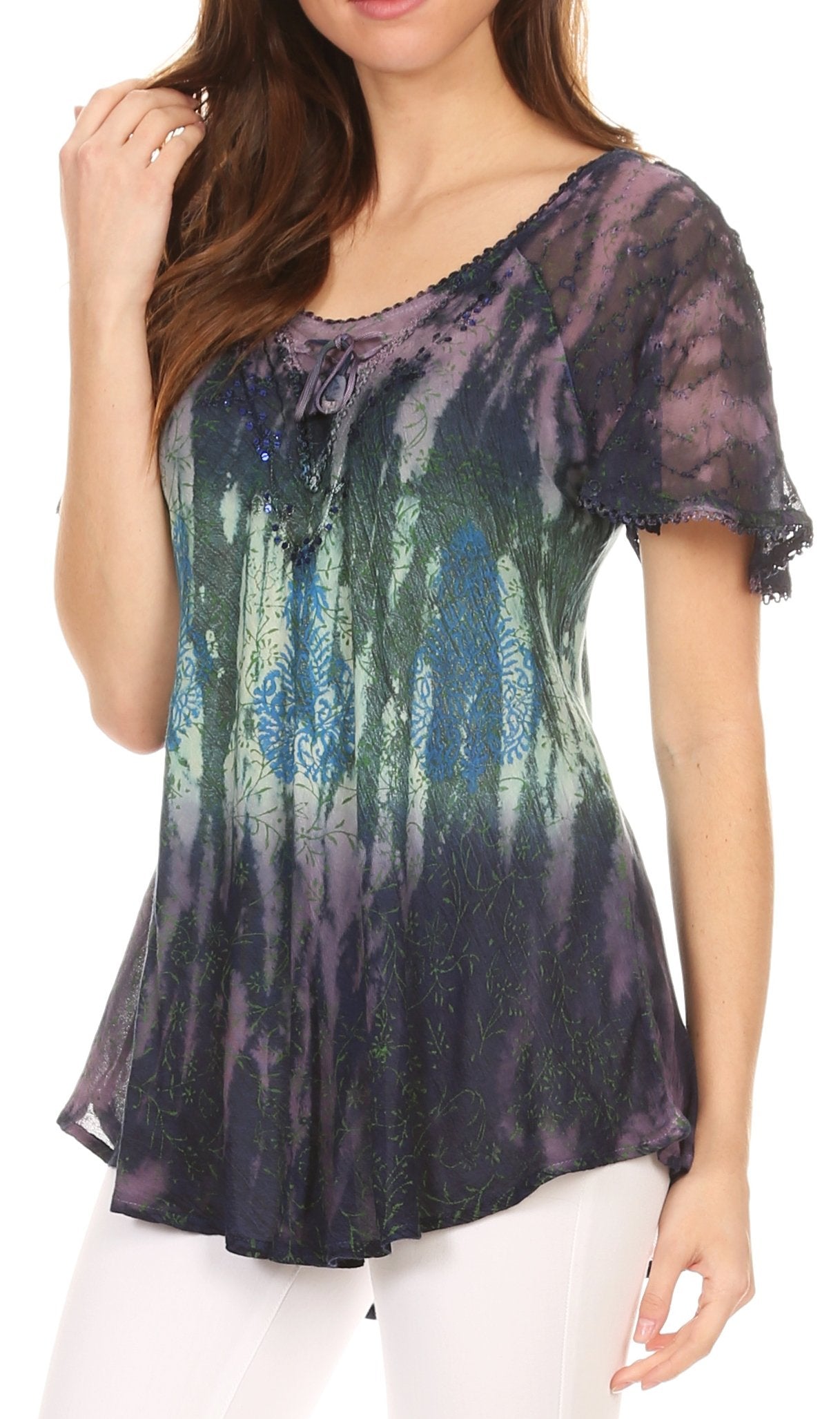 Sakkas Nayen Tie-Dye Sheer Cap Sleeve Embellished Relaxed Fit Drawstring Tunic Top - Concordia Style Boutique