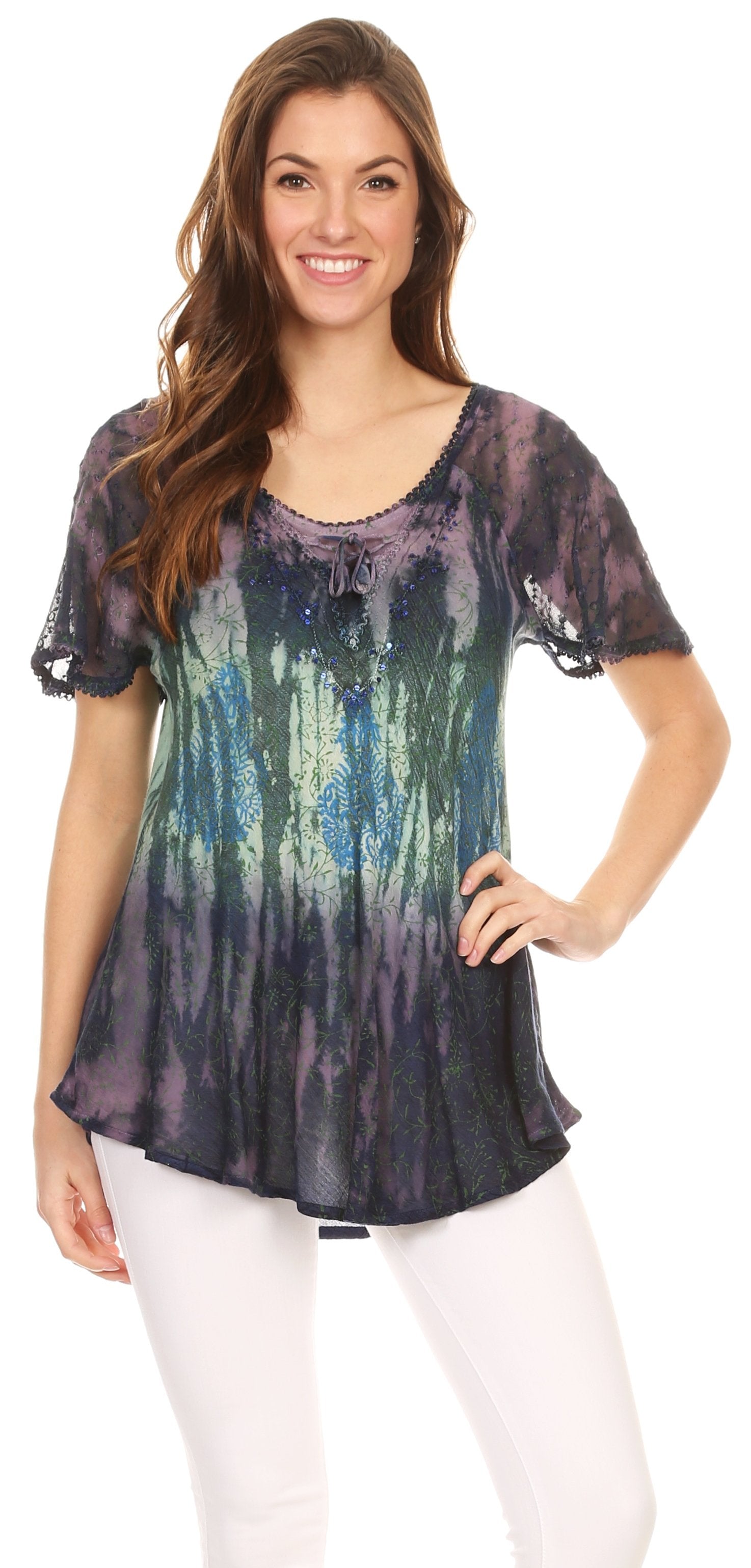 Sakkas Nayen Tie-Dye Sheer Cap Sleeve Embellished Relaxed Fit Drawstring Tunic Top - Concordia Style Boutique