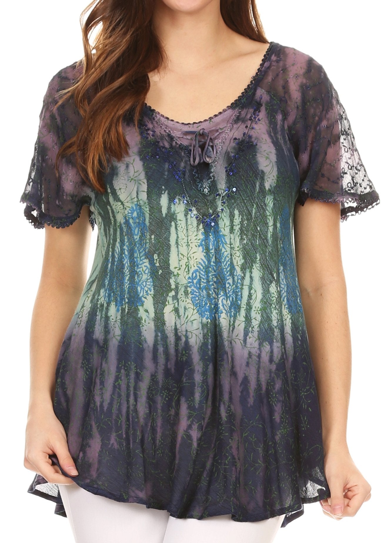 Sakkas Nayen Tie-Dye Sheer Cap Sleeve Embellished Relaxed Fit Drawstring Tunic Top - Concordia Style Boutique
