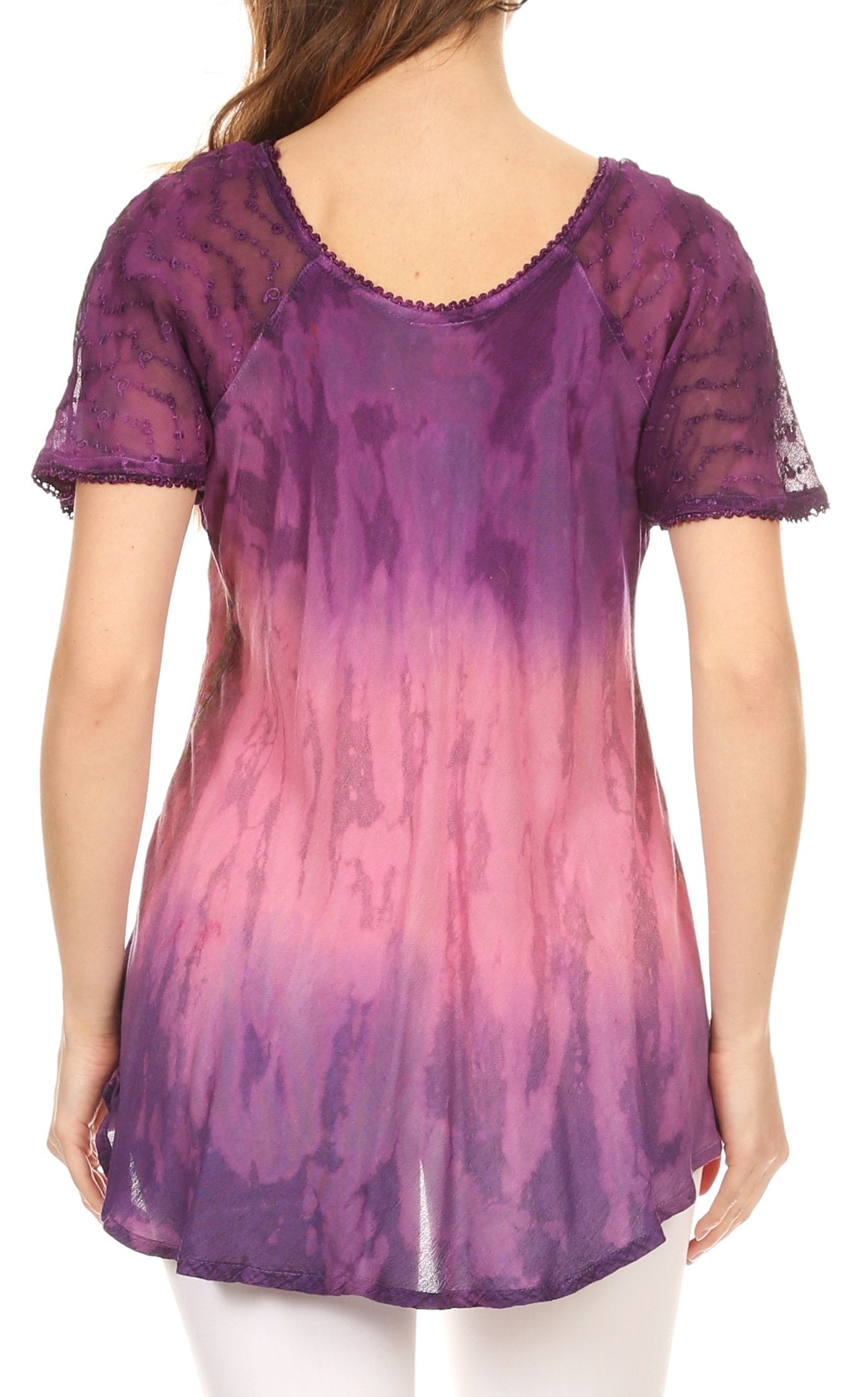 Sakkas Nayen Tie-Dye Sheer Cap Sleeve Embellished Relaxed Fit Drawstring Tunic Top - Concordia Style Boutique