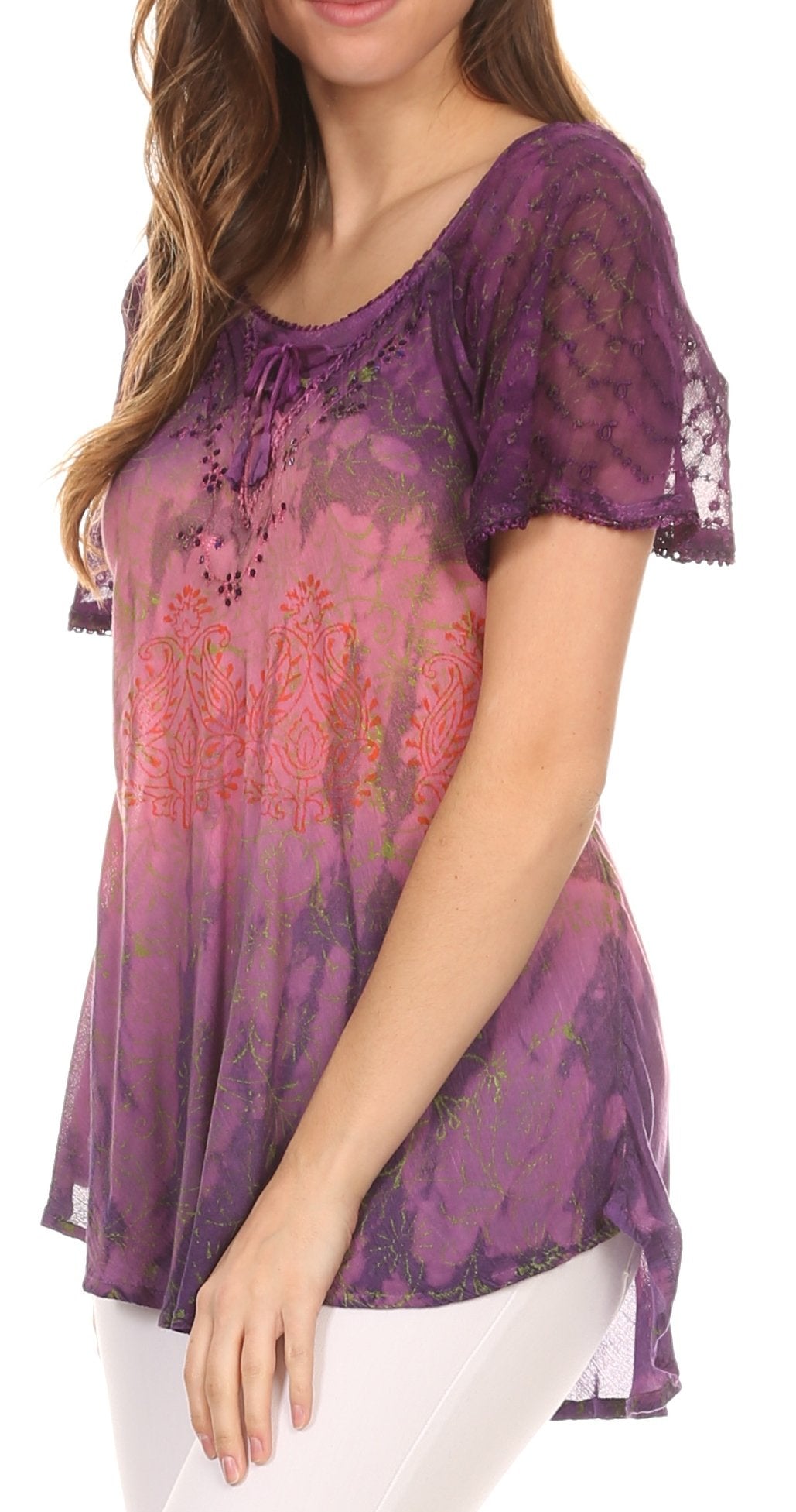 Sakkas Nayen Tie-Dye Sheer Cap Sleeve Embellished Relaxed Fit Drawstring Tunic Top - Concordia Style Boutique