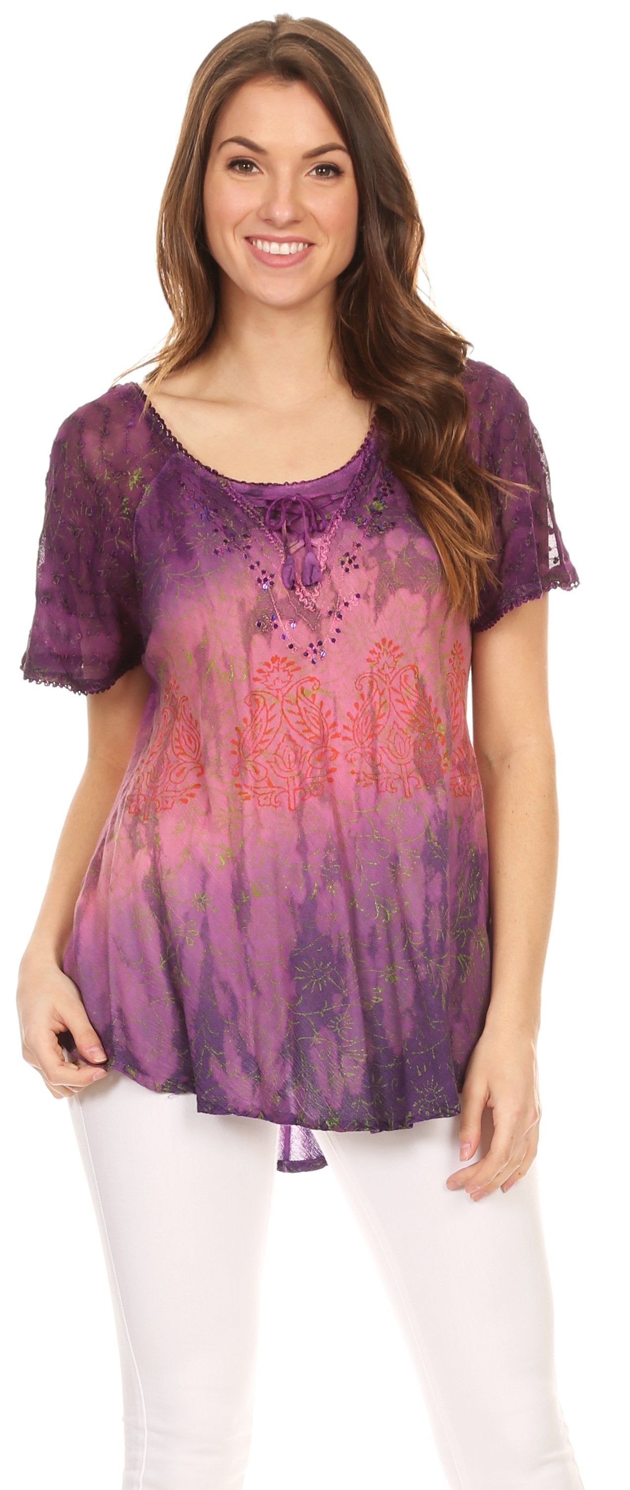 Sakkas Nayen Tie-Dye Sheer Cap Sleeve Embellished Relaxed Fit Drawstring Tunic Top - Concordia Style Boutique