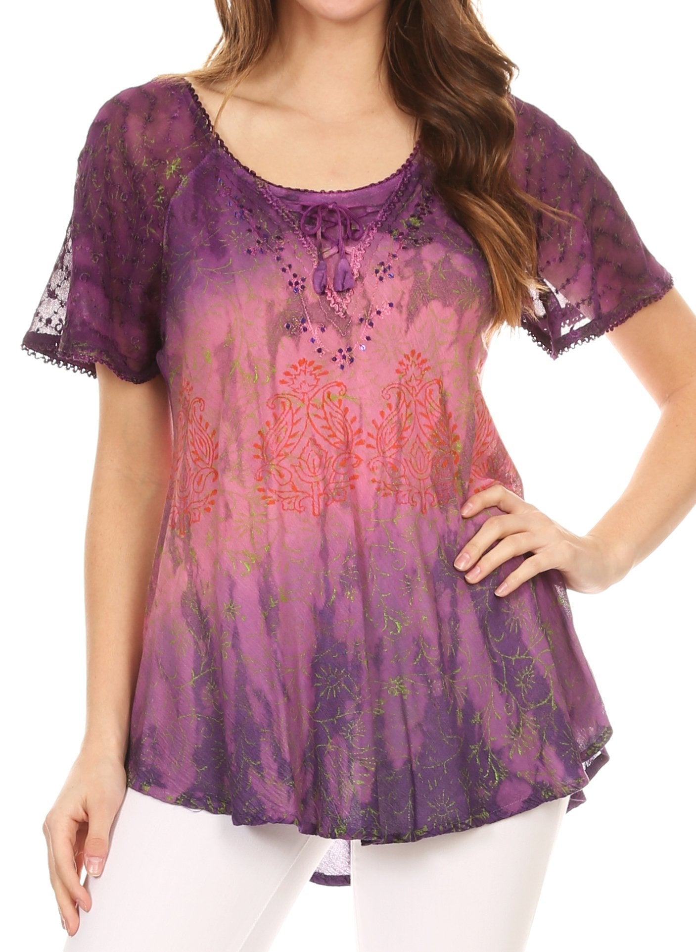 Sakkas Nayen Tie-Dye Sheer Cap Sleeve Embellished Relaxed Fit Drawstring Tunic Top - Concordia Style Boutique